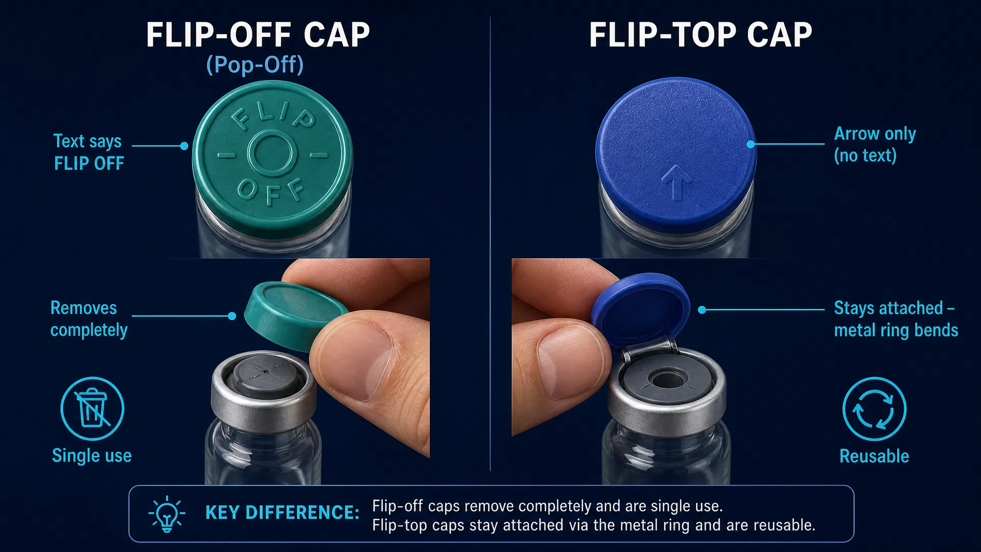 Side-by-side comparison of flip-off (pop-off) vial cap and flip-top (hinge) vial cap, showing top-down and side views with identification features highlighted
