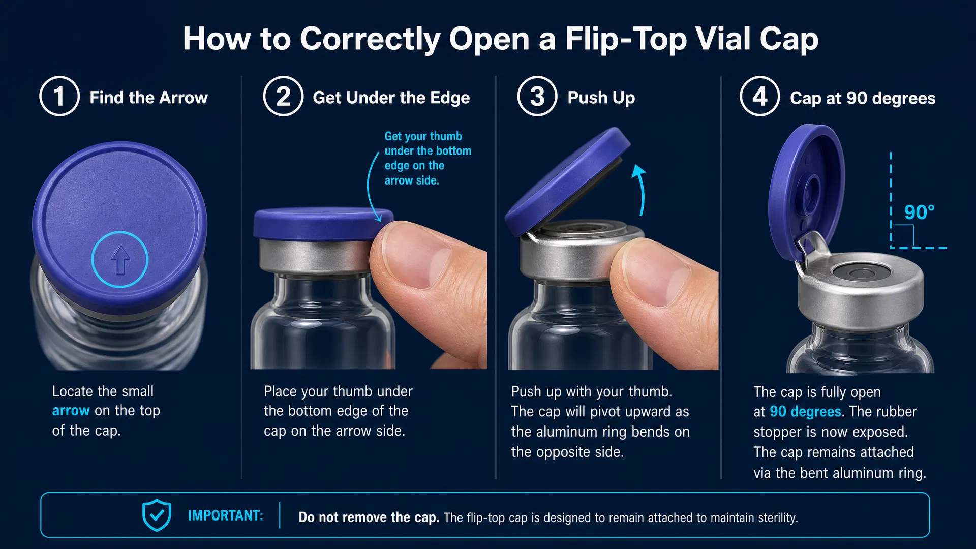 Step-by-step instructions for opening a flip-top (hinge) vial cap: locate the arrow, get under the edge, flip up to 90 degrees, stopper exposed