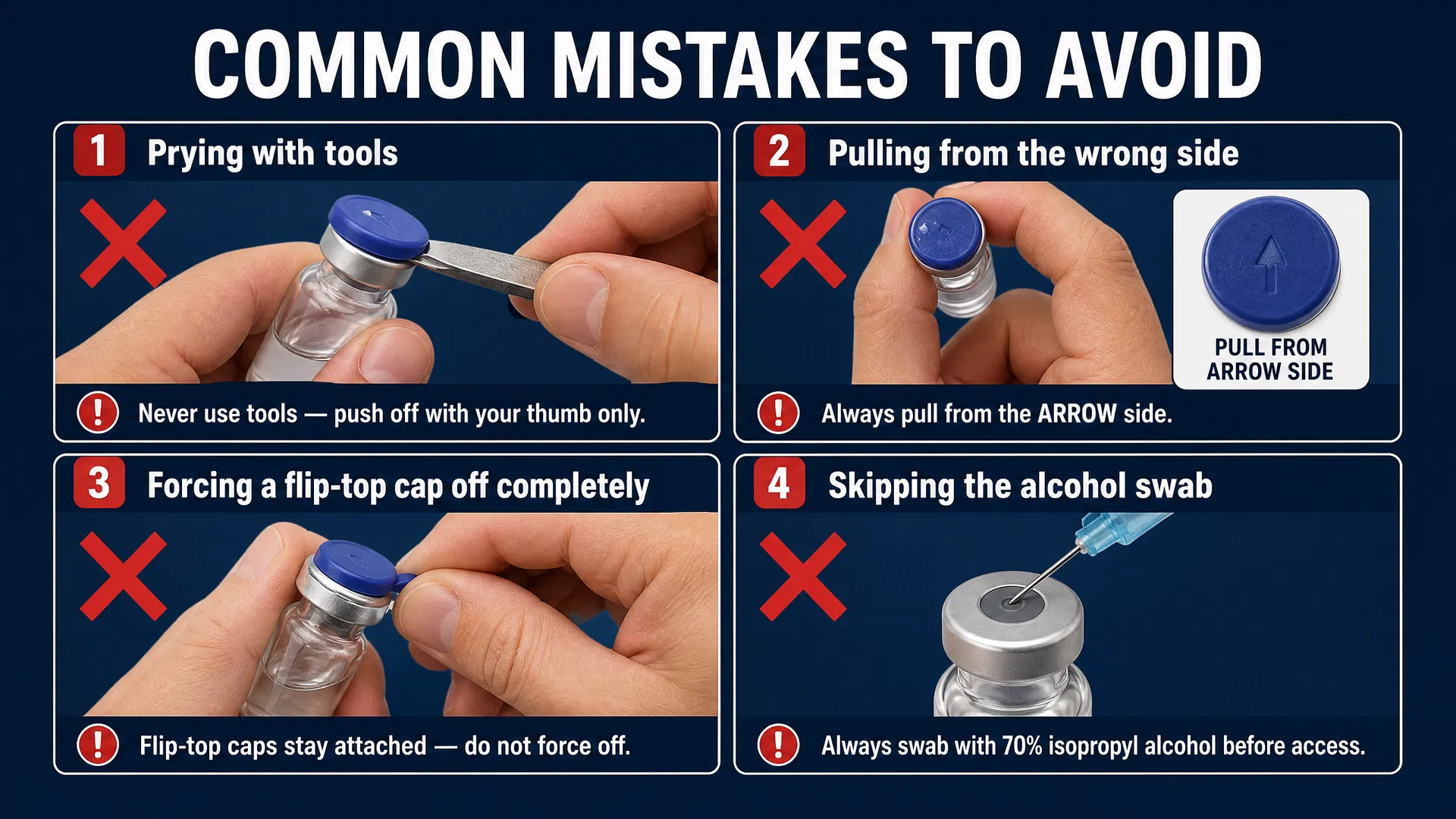 Four common vial cap mistakes to avoid: pulling off a hinge cap, removing the rubber stopper, prying with tools, and skipping the alcohol swab