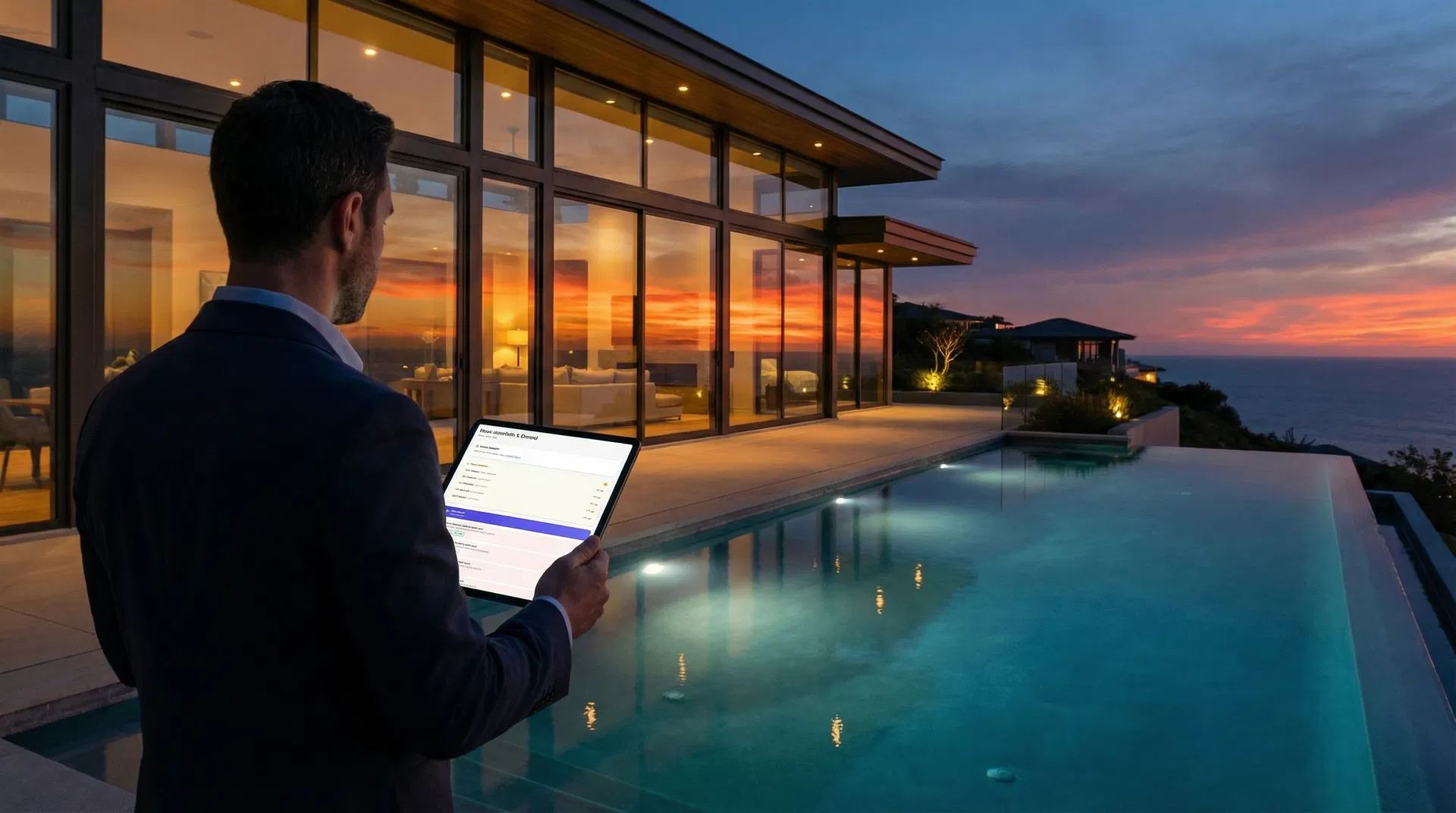 Realtor reviewing the Real Estate Genie™ Smart Dashboard on an iPad beside an infinity pool at a luxury hillside home at dusk, sunset reflecting in the glass window walls