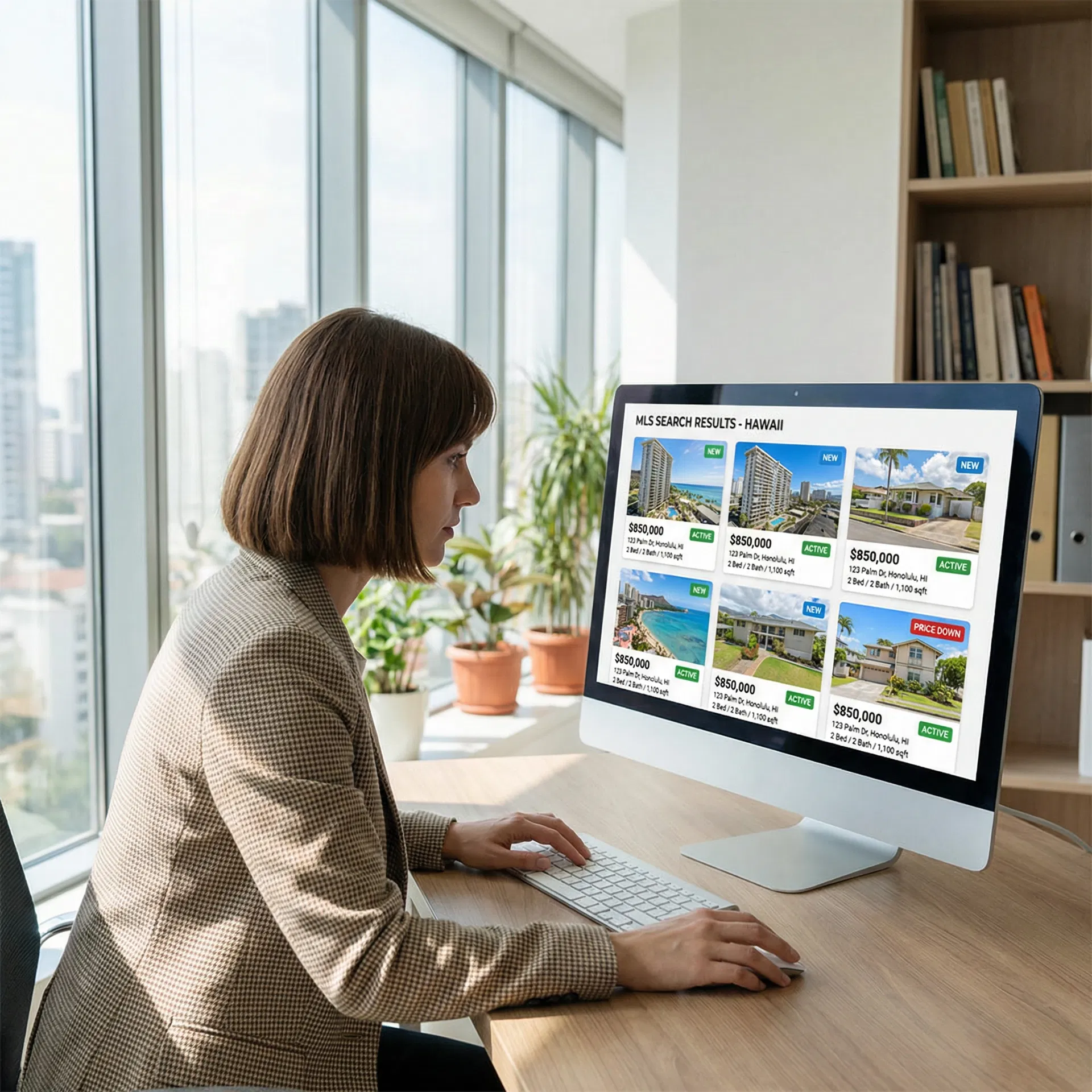 Professional real estate agent reviewing MLS listings on desktop computer