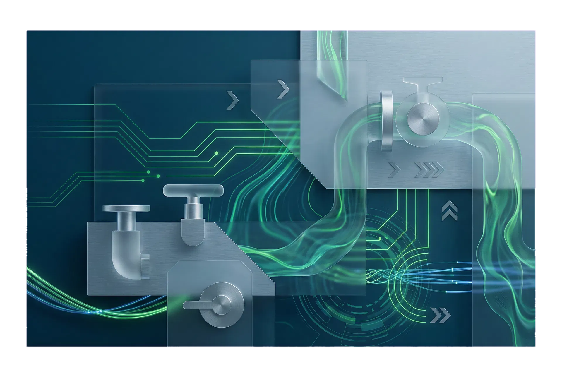 Composição visual tecnológica associada a fluxos industriais e inteligência operacional