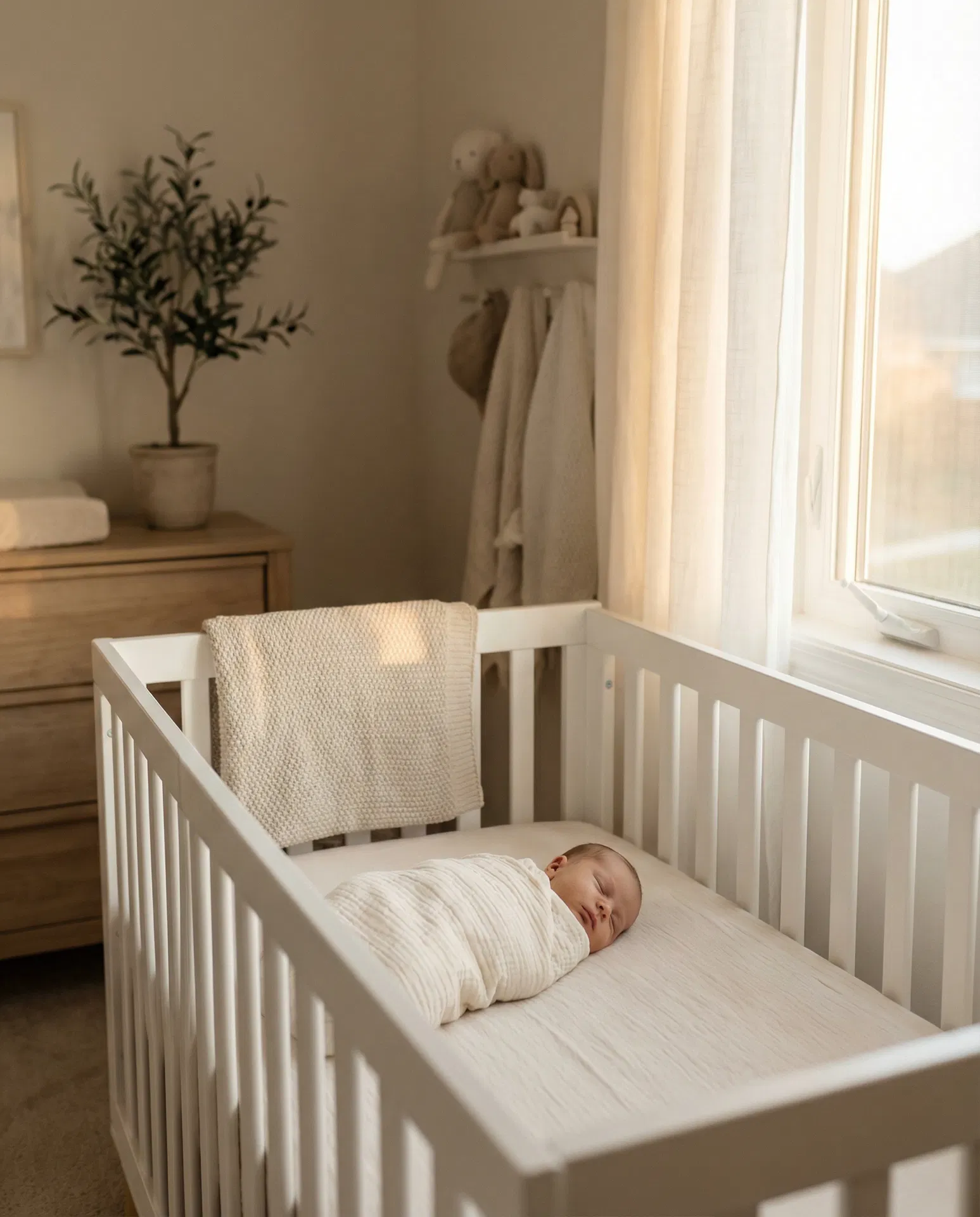 Newborn baby sleeping peacefully in a white crib in a calm nursery