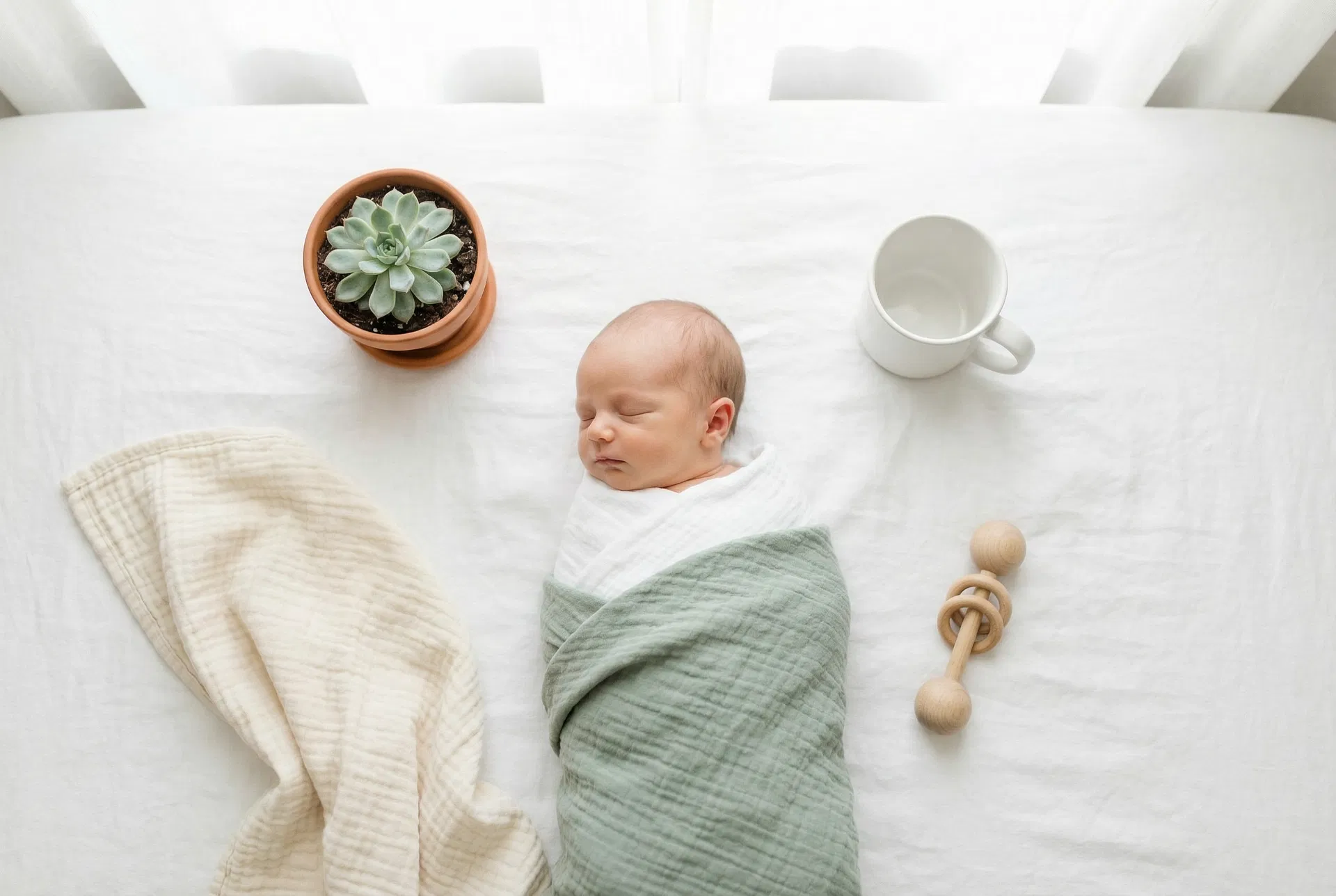 Sleeping baby flat-lay with sage swaddle