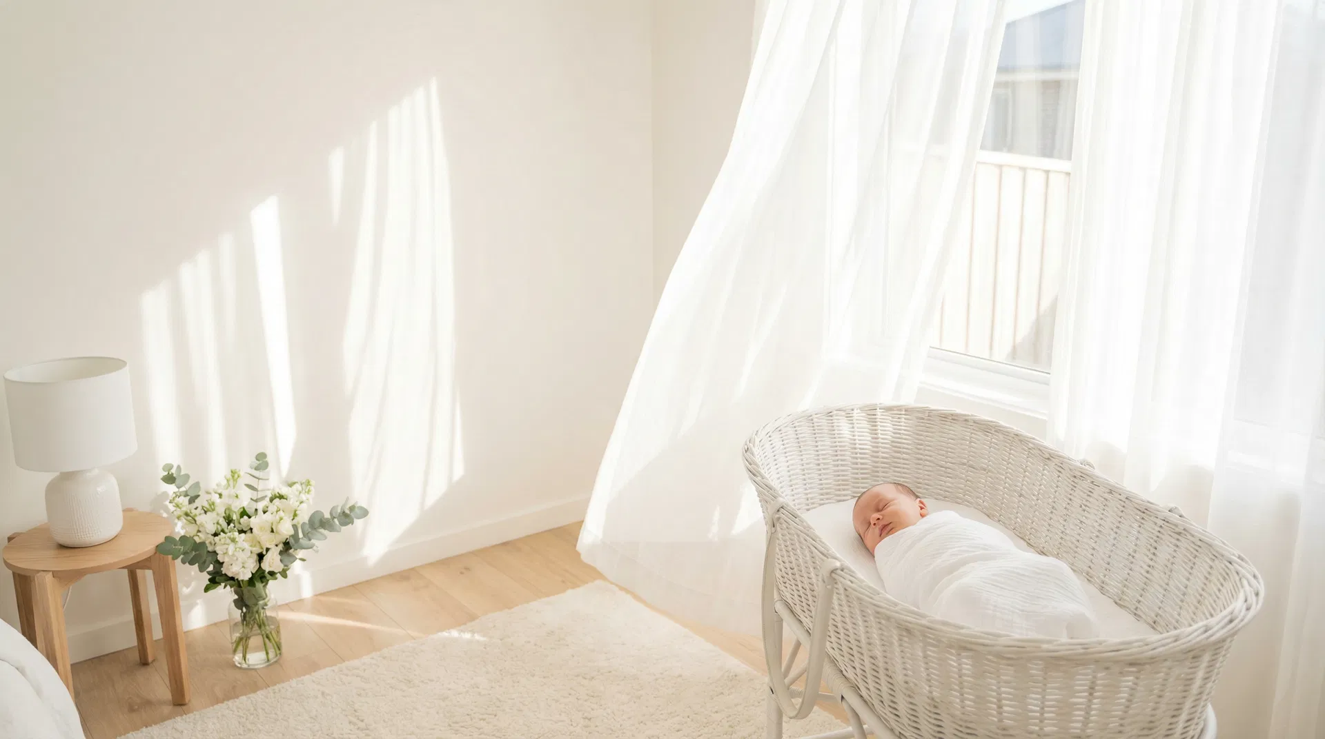 Peacefully sleeping baby in a bright sunlit nursery