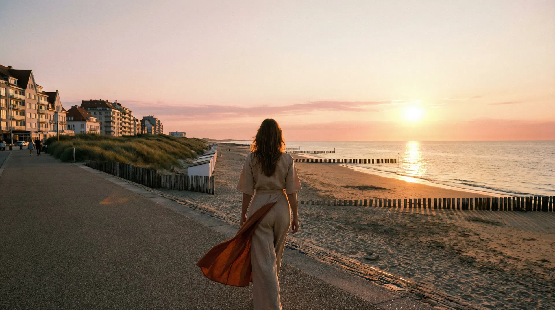 Vilontinchi — A woman walking along the Belgian coast at golden hour, embodying freedom and empowerment