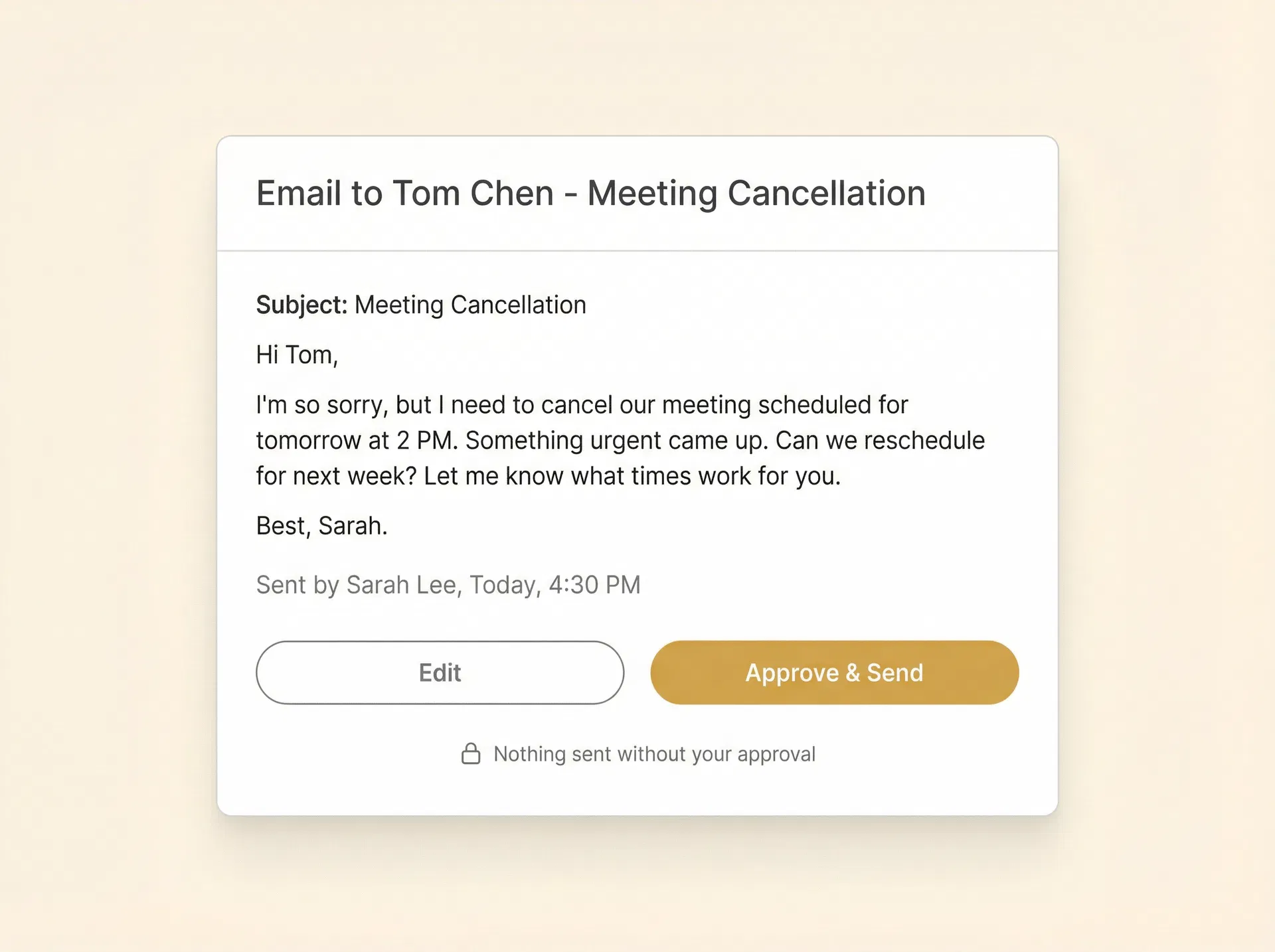 GAIA approval workflow UI showing email draft with approve and edit buttons