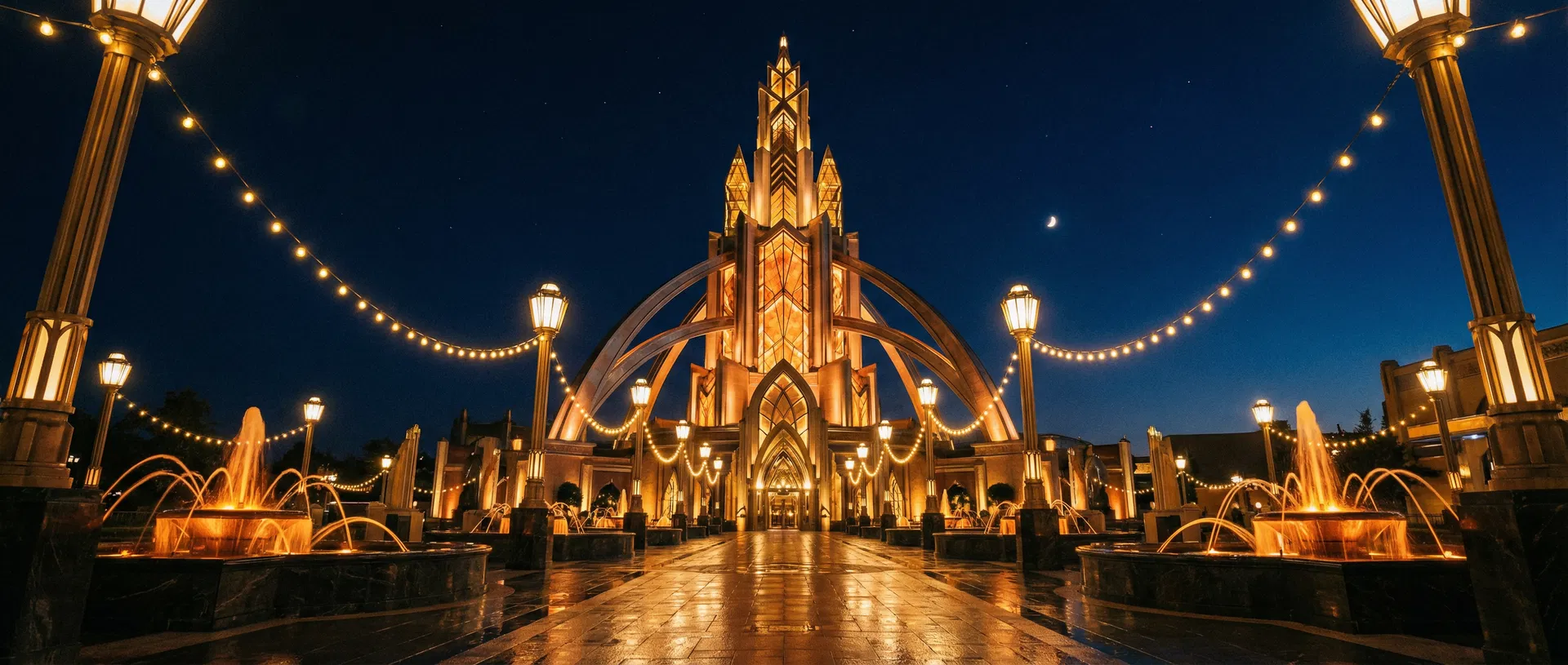 Theme park illuminated at night