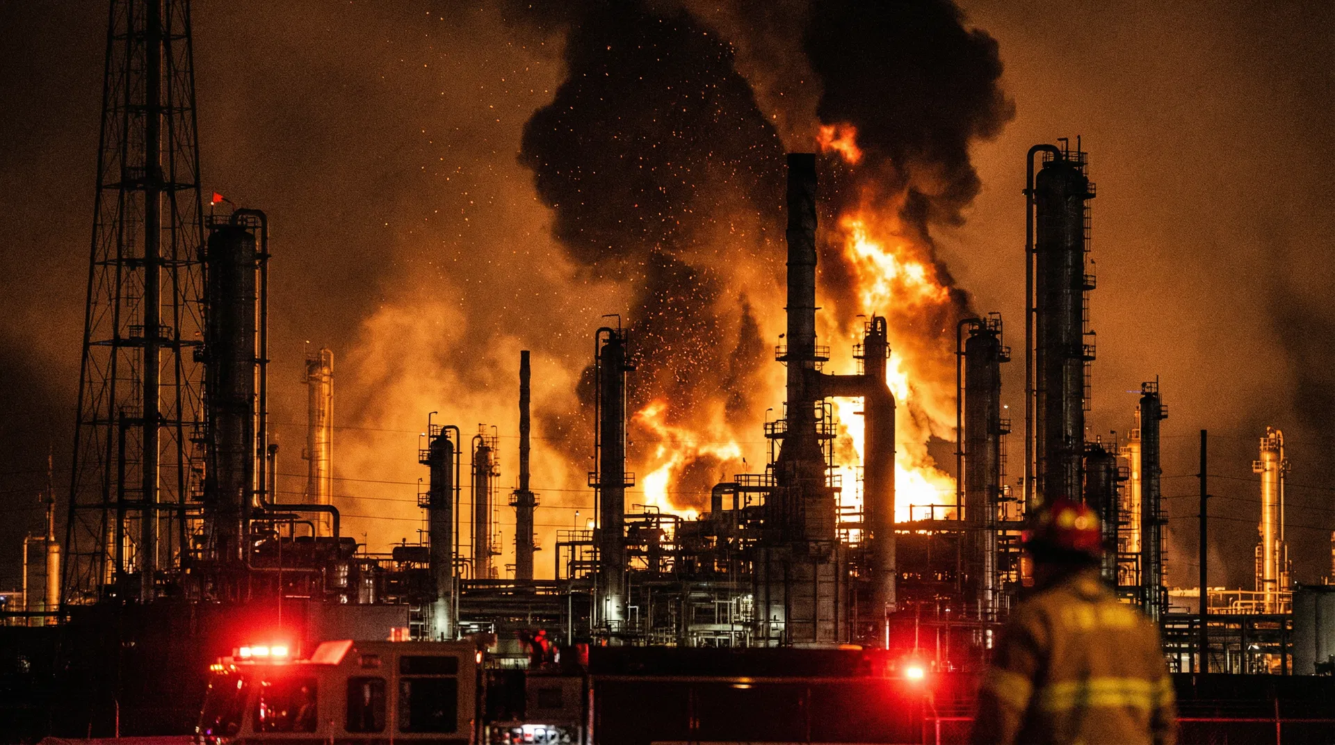 Refinaria de petróleo em chamas durante ataque