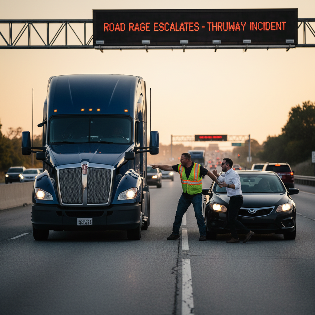 Road Rage Escalates: Truck Driver Confronts Aggressive Motorist in Dangerous Thruway Incident
