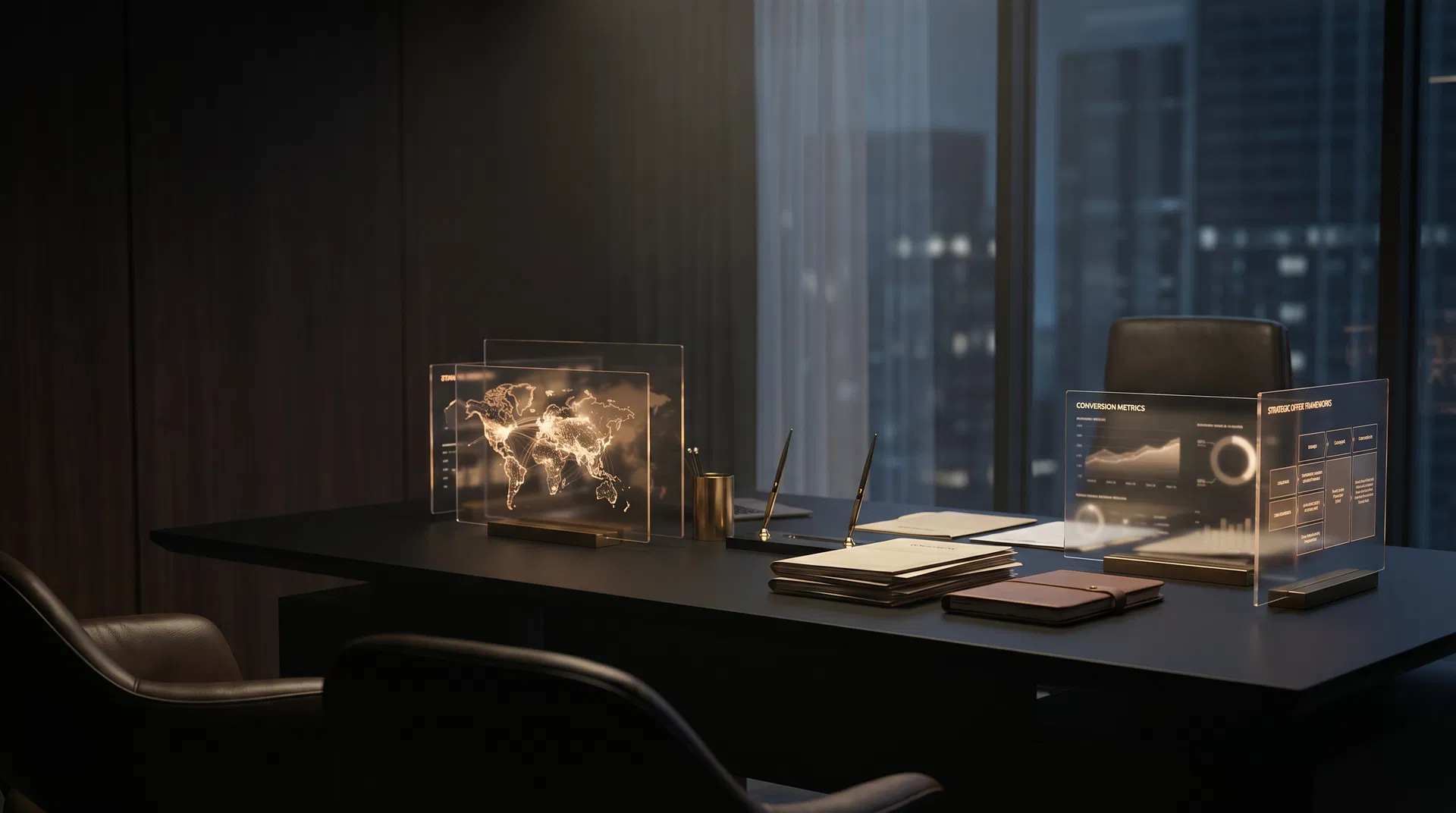 Dark executive strategy room with an editorial business intelligence mood