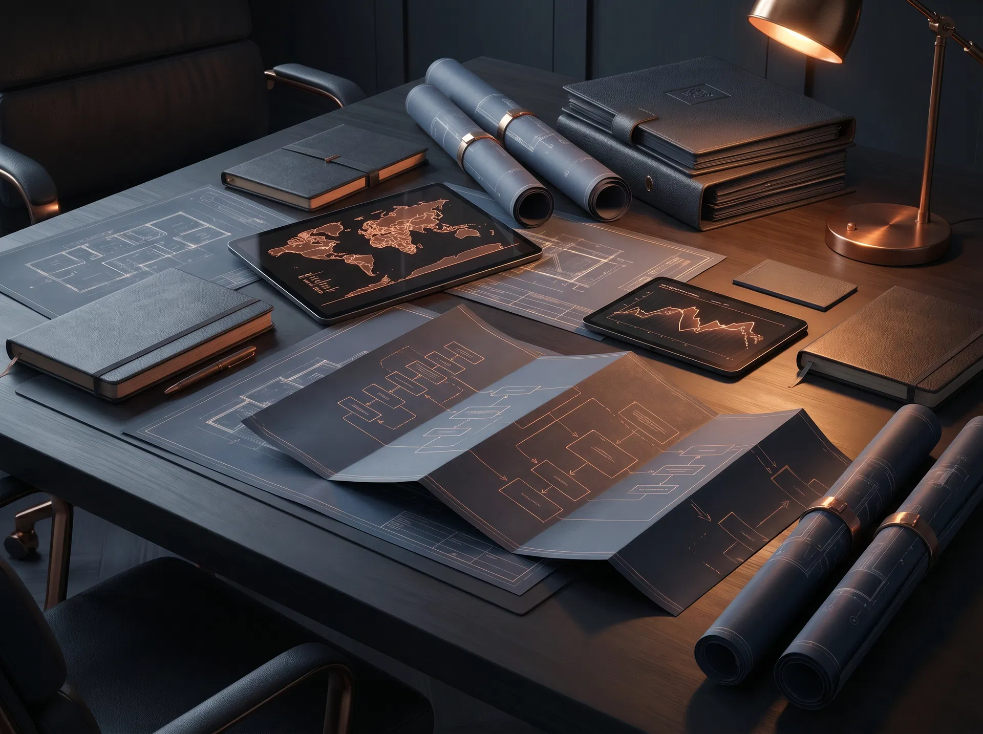 Strategic offer design workspace showing premium business planning materials