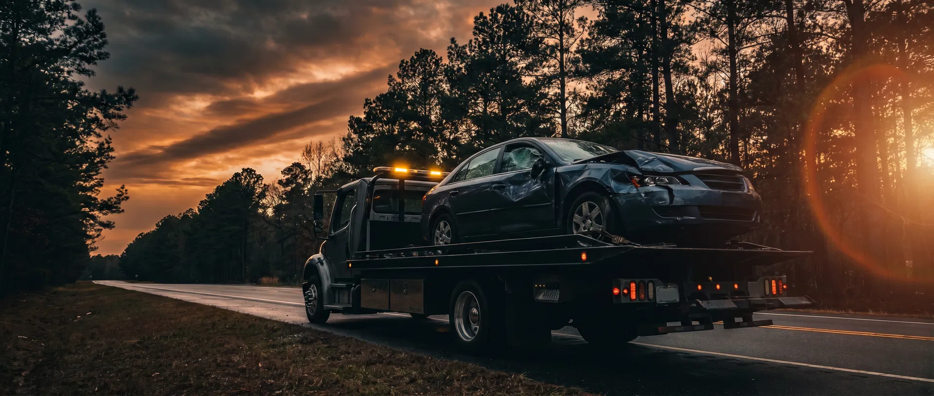 Tow truck hauling a damaged vehicle on a North Carolina road at sunset