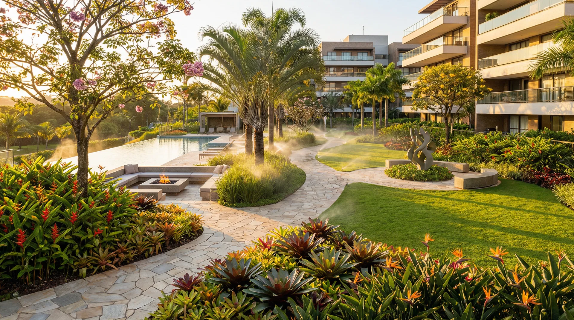 Paisagismo profissional com caminhos de concreto estampado e irrigação em condomínio