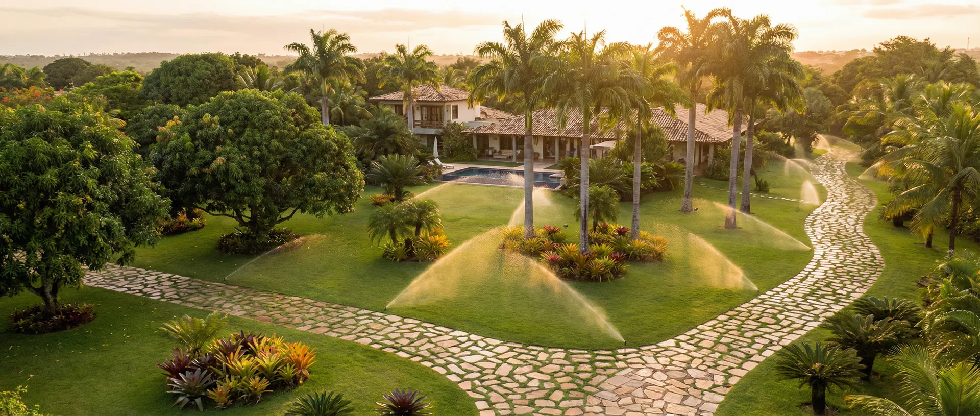 Jardim tropical com sistema de irrigação e caminhos de concreto estampado