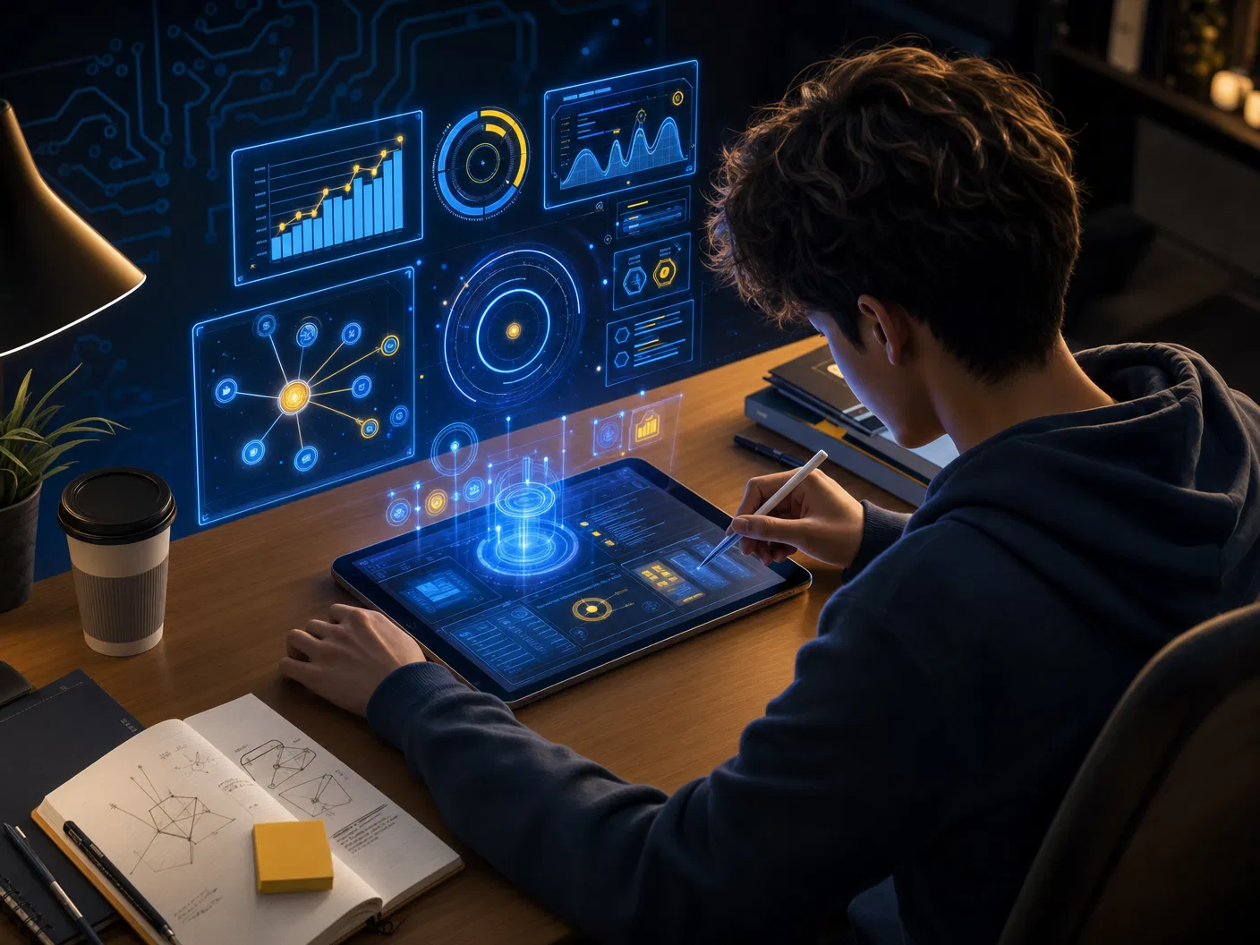 Aluno estudando com tecnologia PLUS