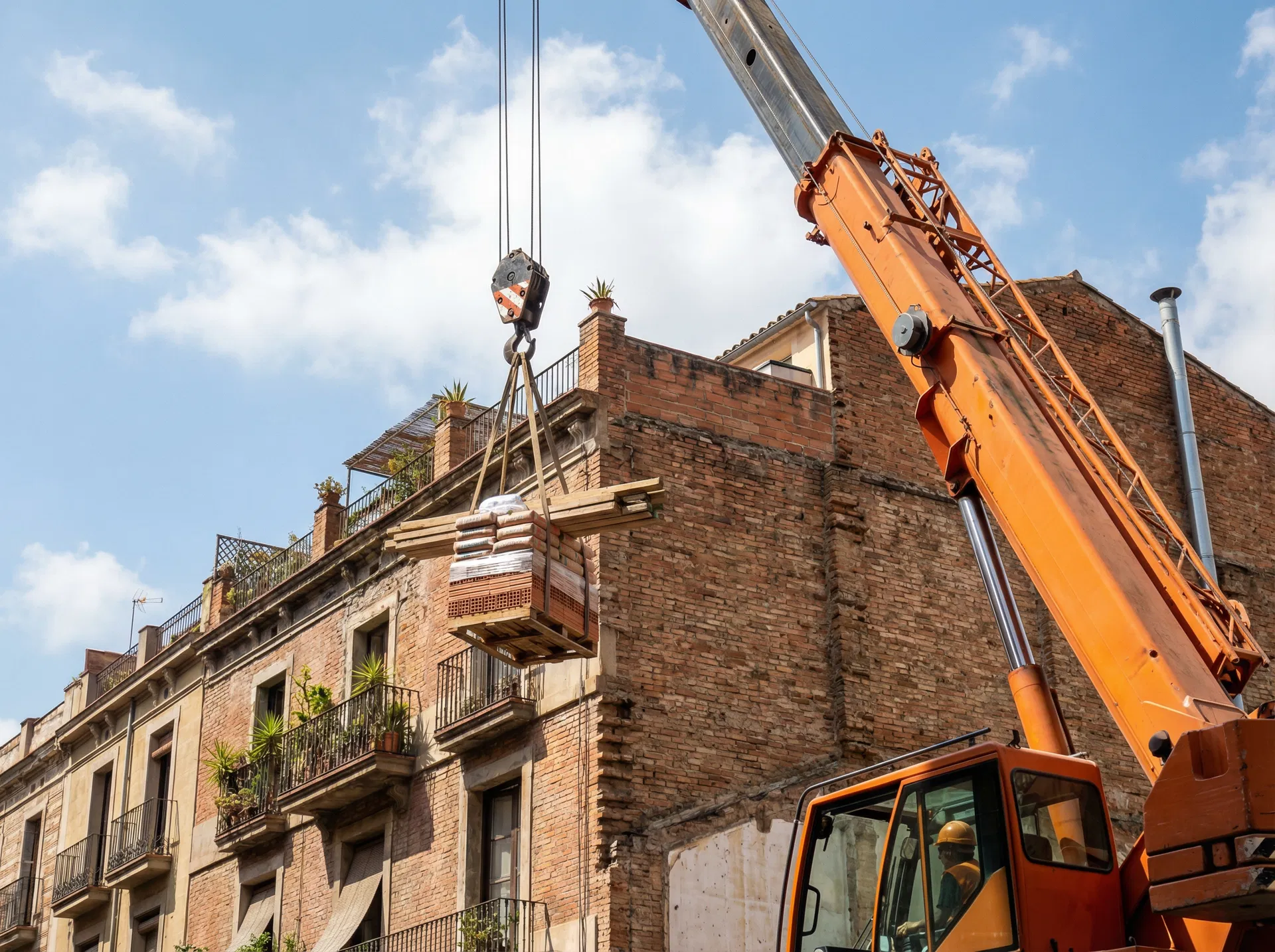 Subida de materiales a cubierta con camión grúa en Barcelona
