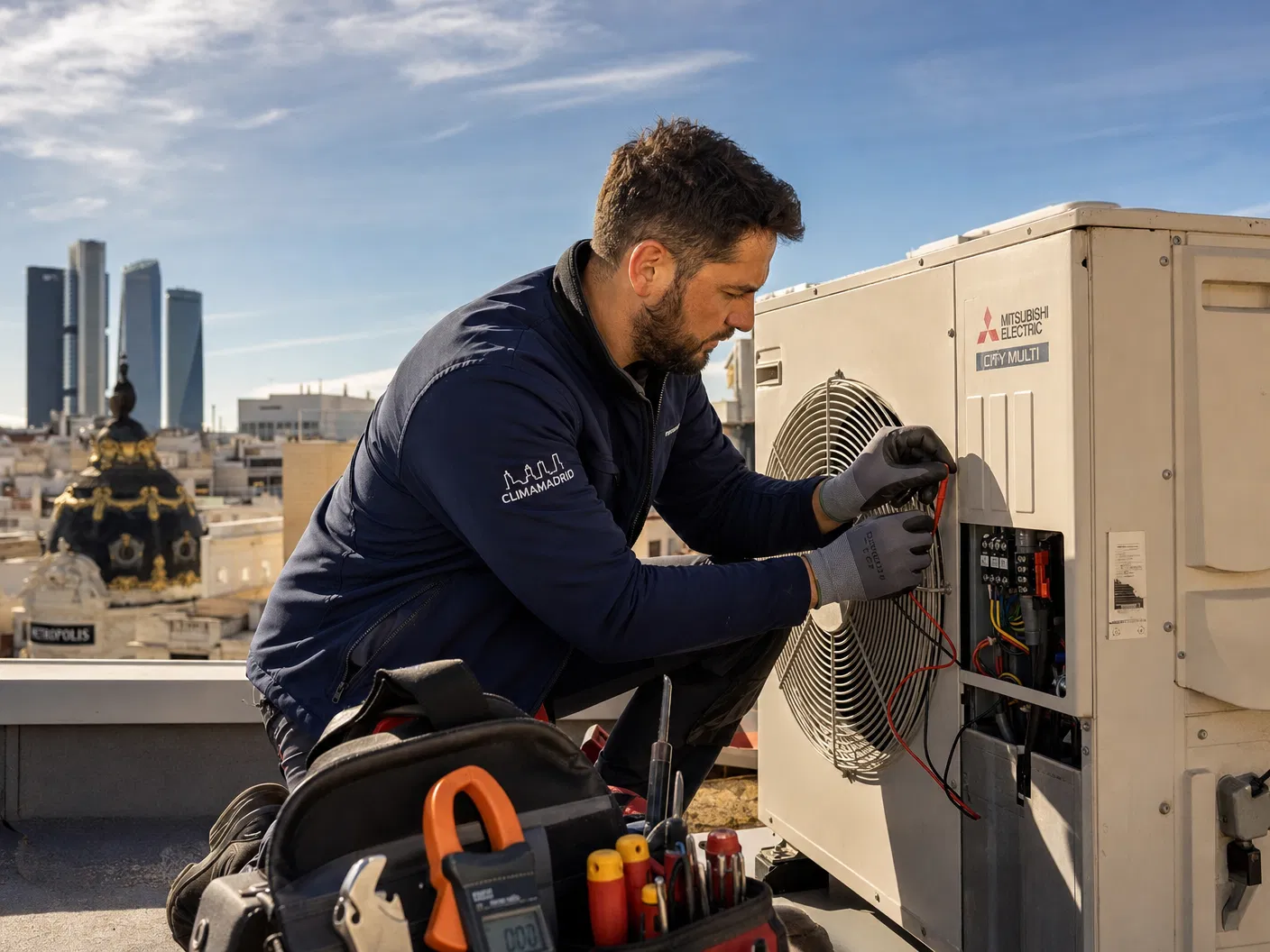Técnico revisando una unidad exterior de aire acondicionado