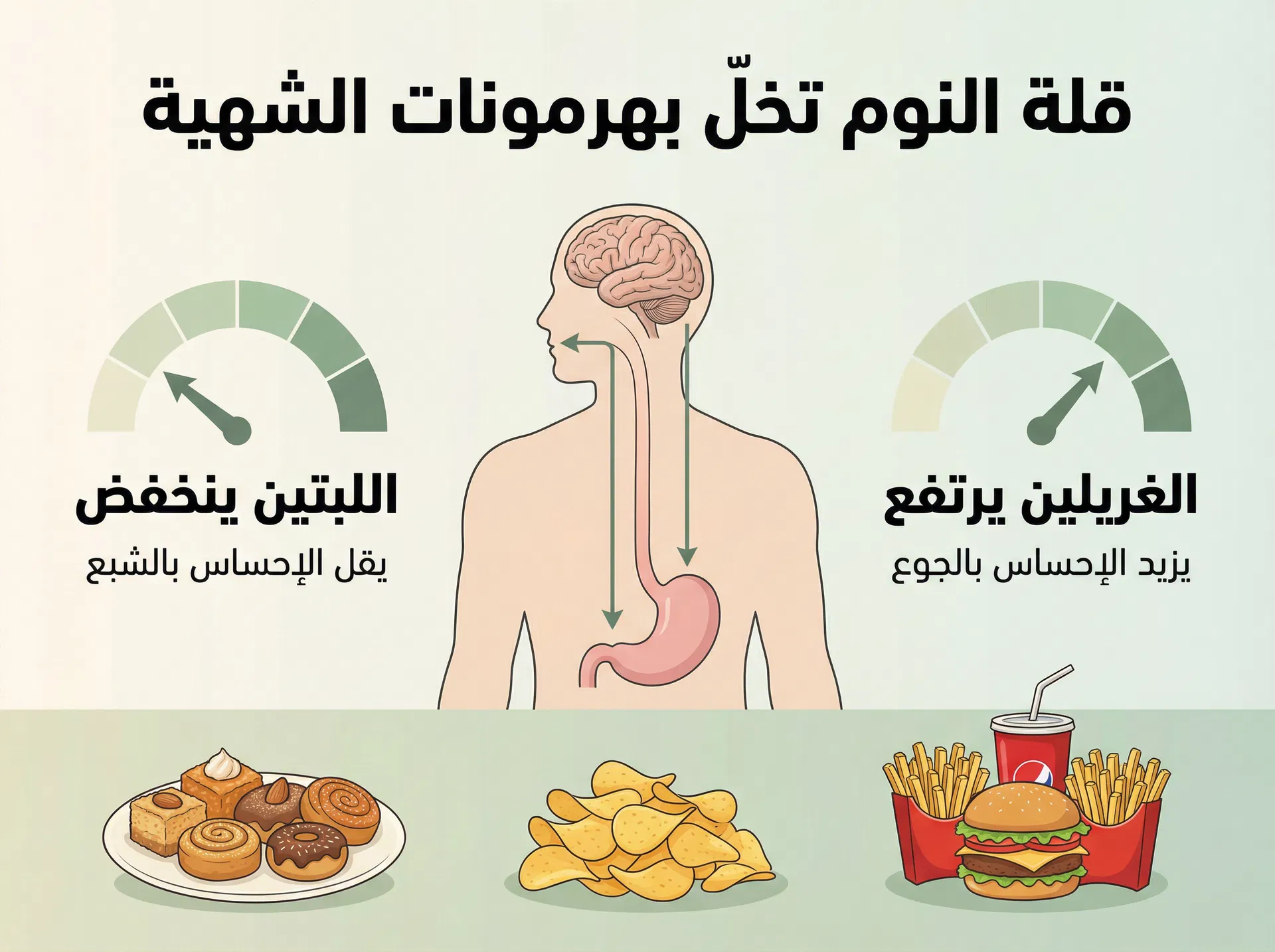 إنفوغرافيك عربي يوضح أثر قلة النوم على هرمونات الشهية مثل الغريلين واللبتين