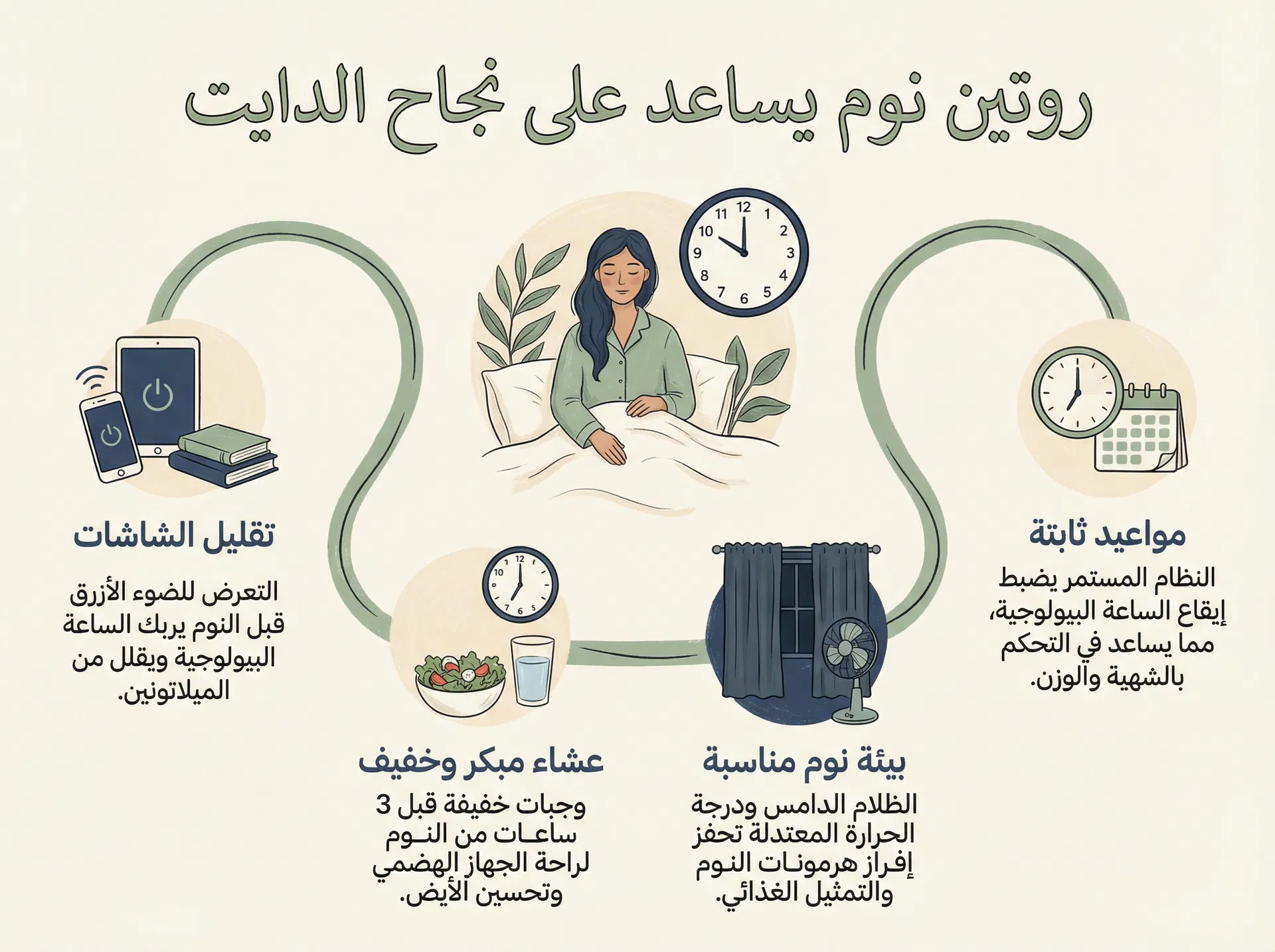 لوحة عربية توضح روتين النوم الذي يساعد على نجاح الدايت وخسارة الوزن