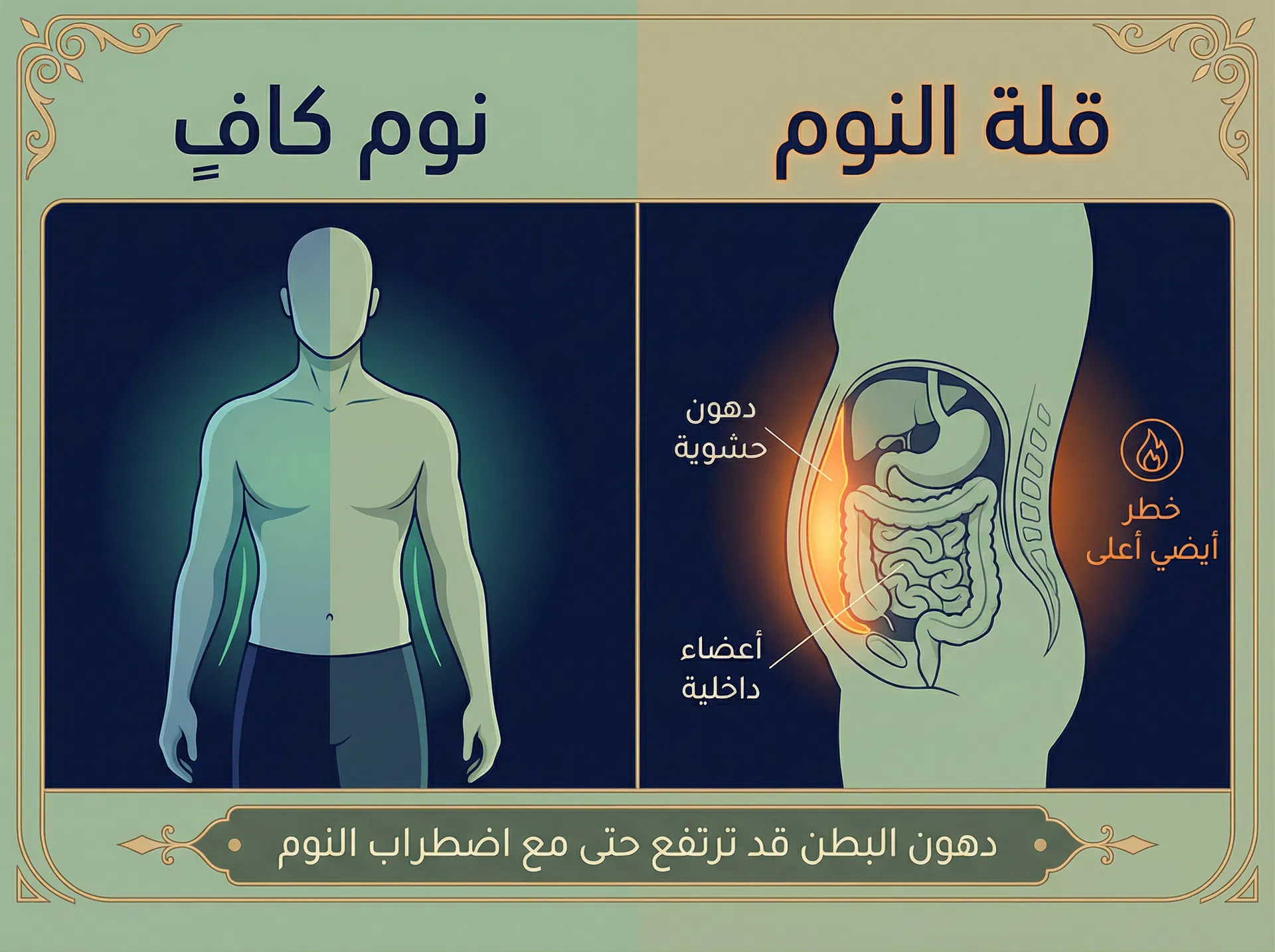 صورة توضيحية عربية تقارن بين النوم الكافي وقلة النوم وتأثيرهما على دهون البطن الحشوية