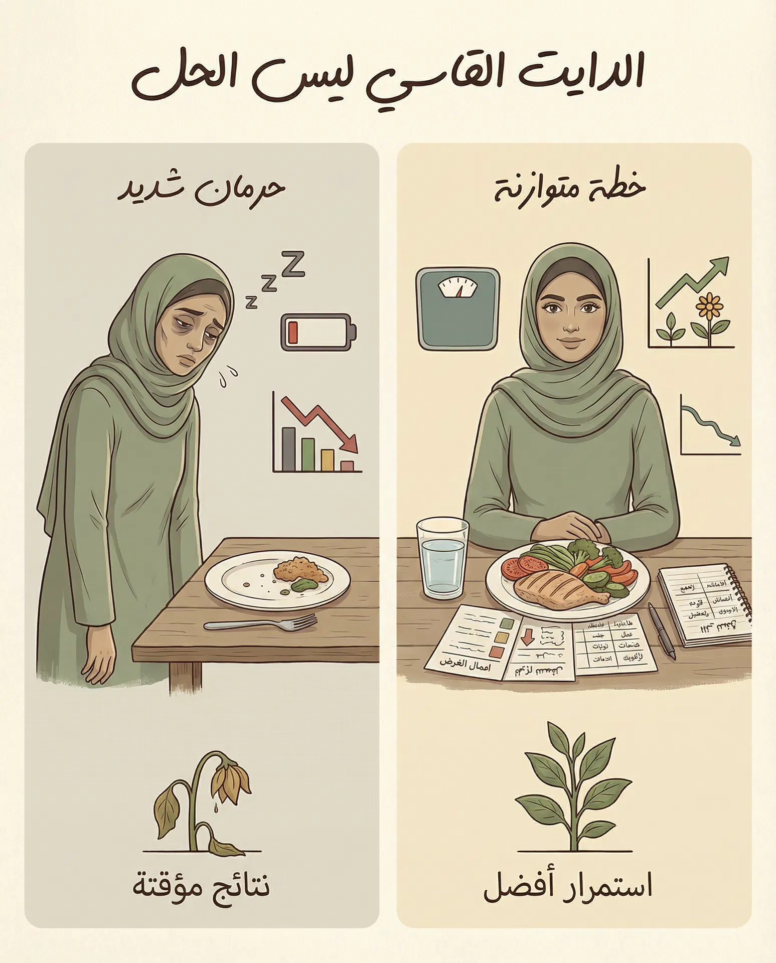 مقارنة بصرية بين الدايت القاسي والخطة المتوازنة المستدامة