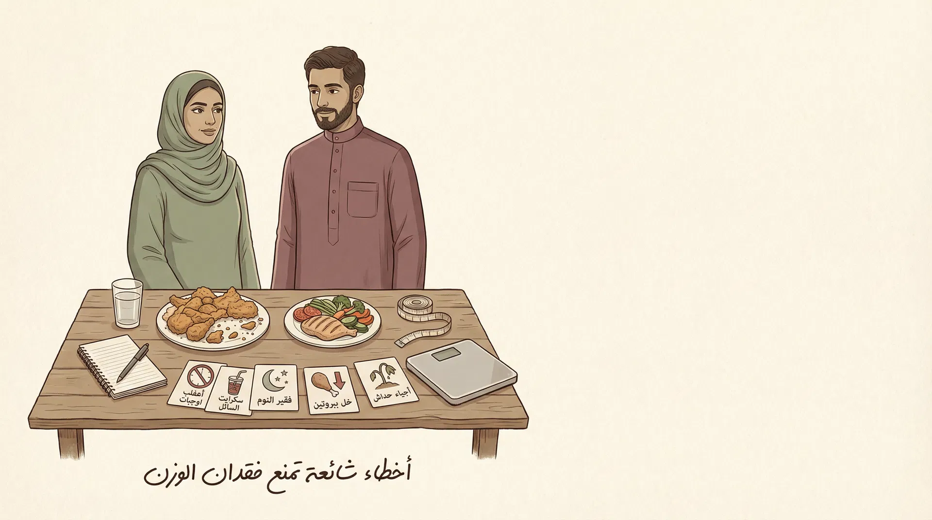 رسم توضيحي عن أخطاء شائعة في الدايت وتأثيرها على خسارة الوزن