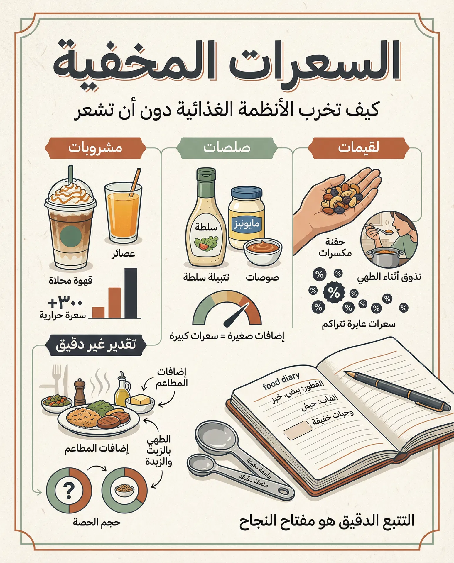 صورة توضيحية عن السعرات المخفية في المشروبات والصلصات واللقيمات الصغيرة