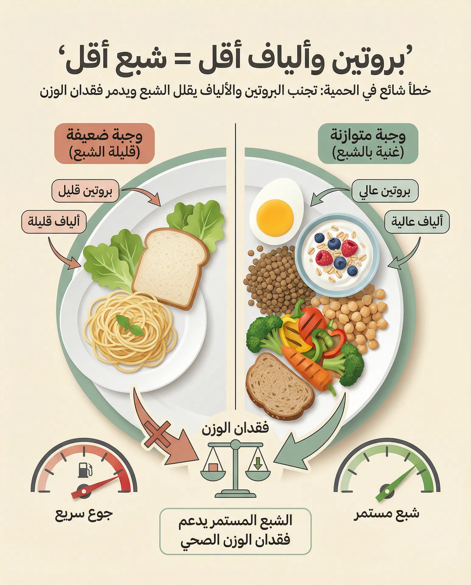 صورة توضيحية عن أثر البروتين والألياف على الشبع أثناء الحمية