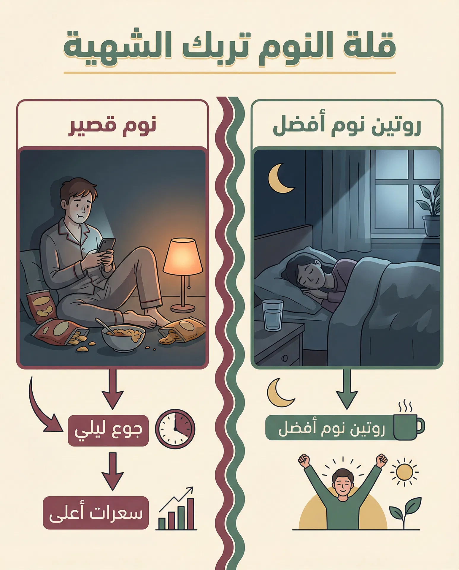 رسم توضيحي يشرح أثر قلة النوم على الشهية والخيارات الغذائية