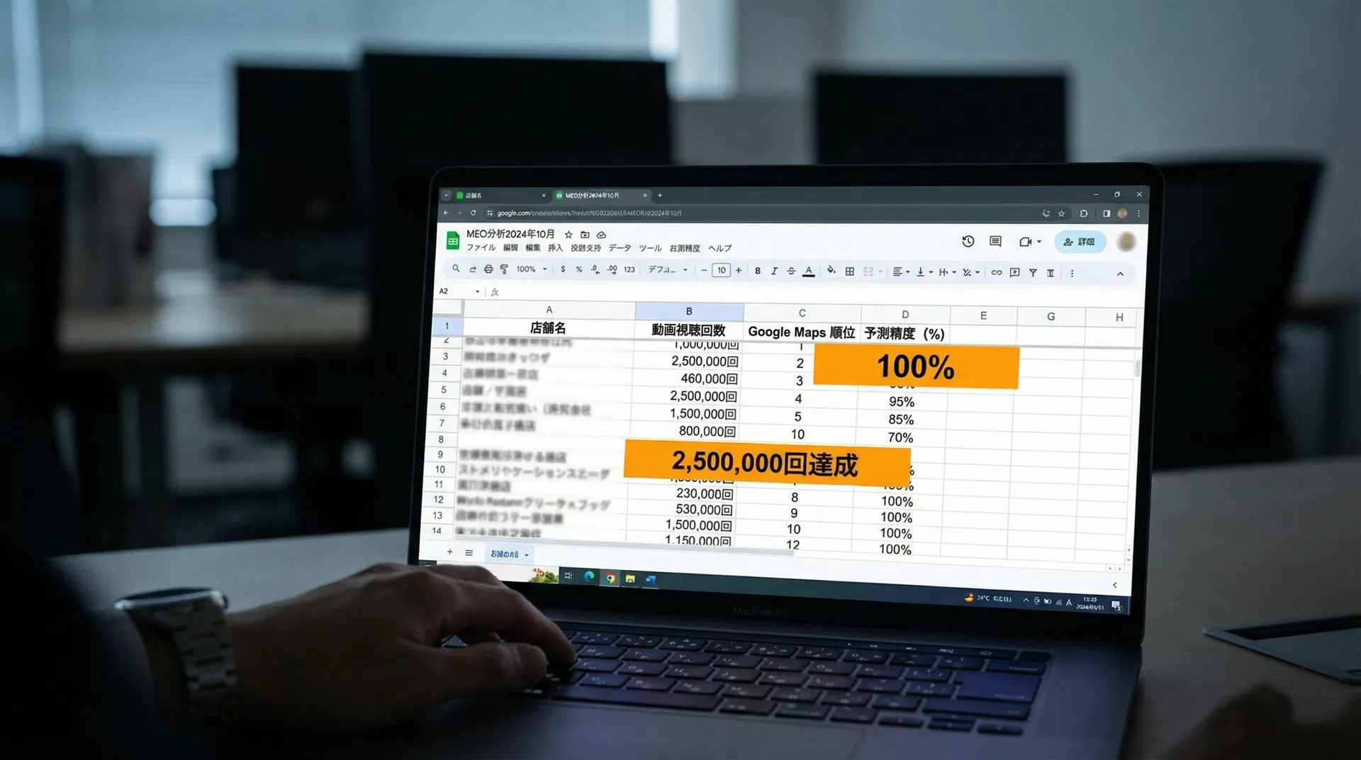 実際のMEO分析スプレッドシートデータ