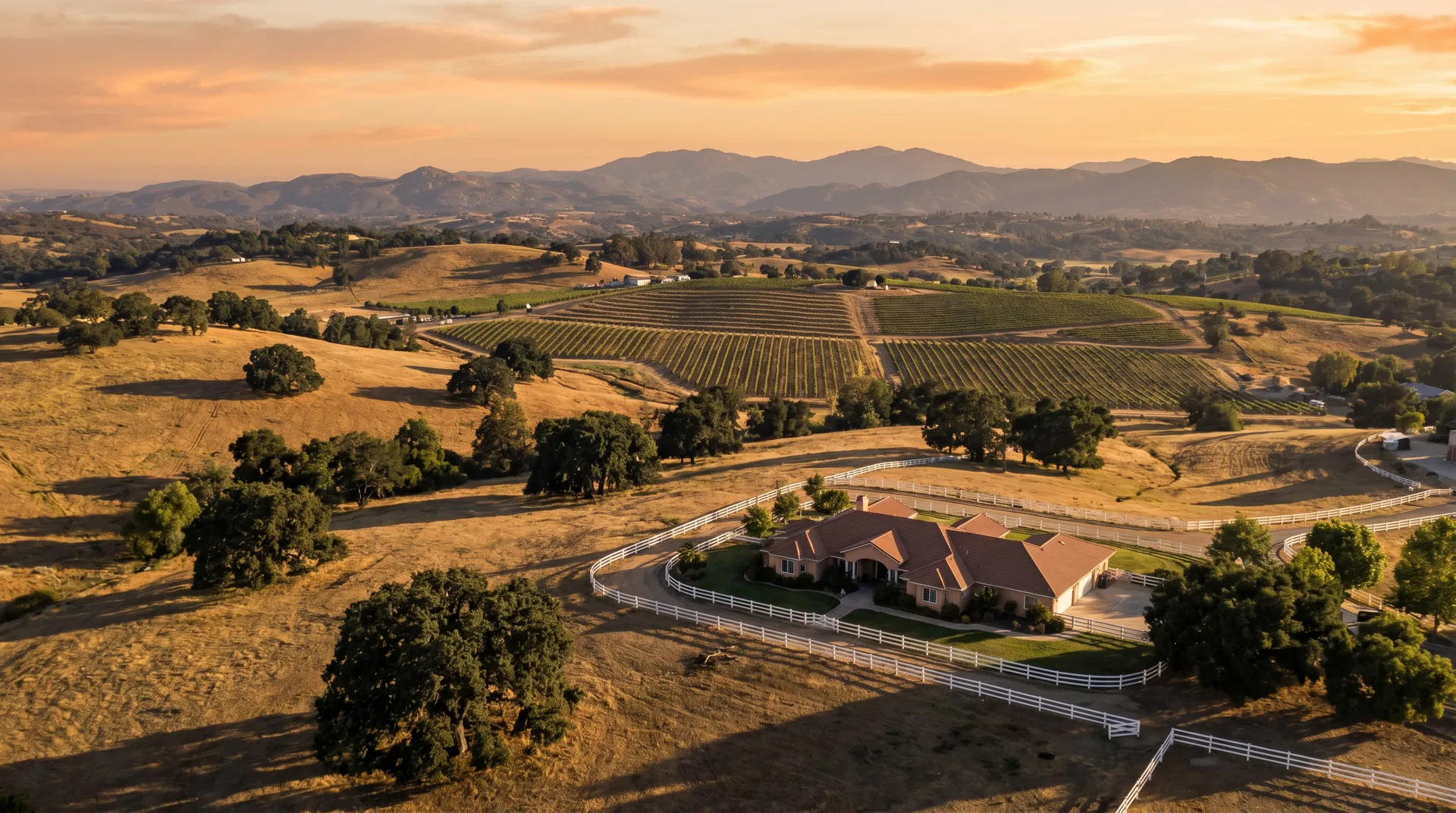 Beautiful Ramona, California countryside with rolling golden hills and ranch homes