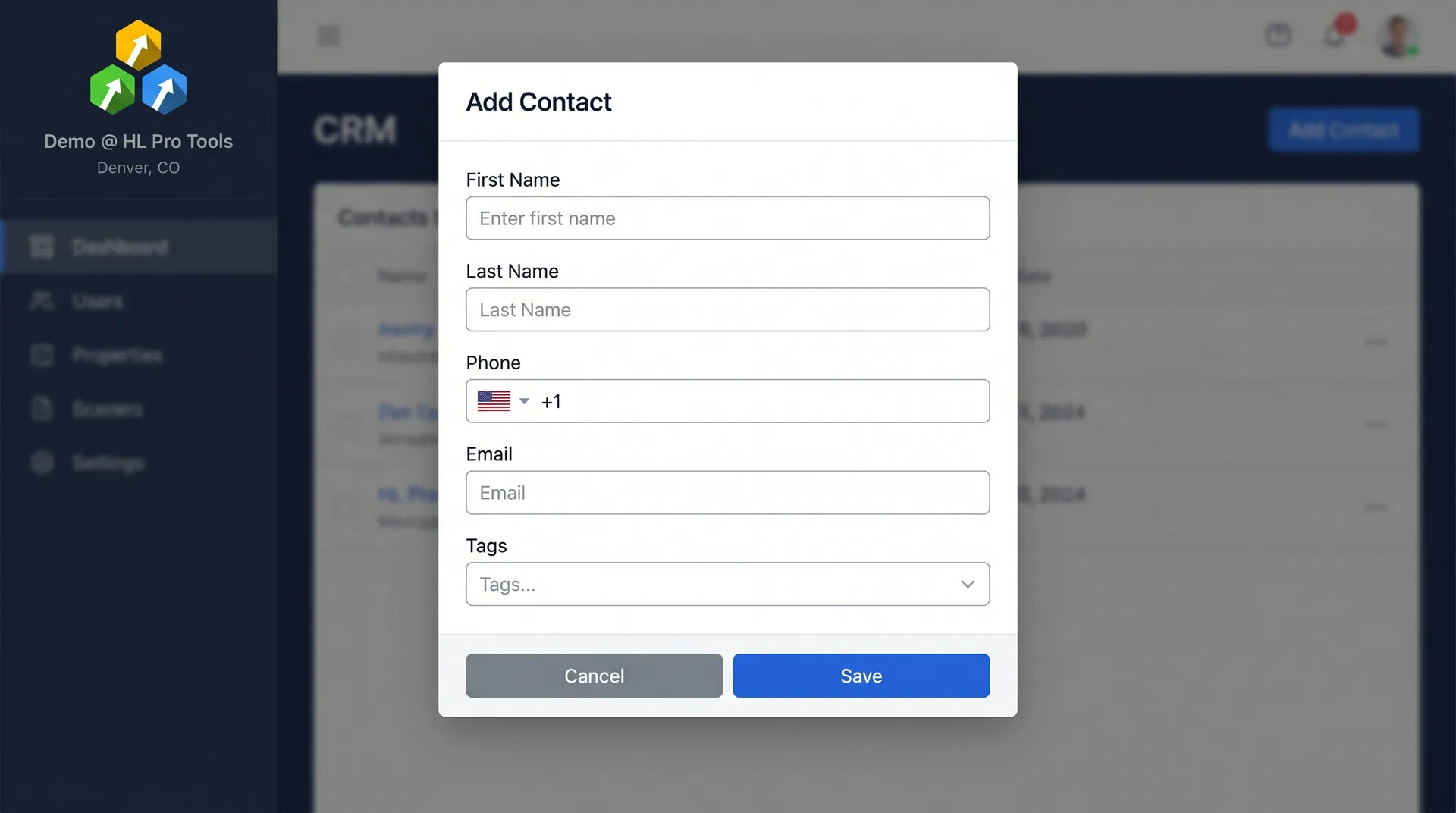 HighLevel Add Contact form showing fields for name, phone, email, and tags