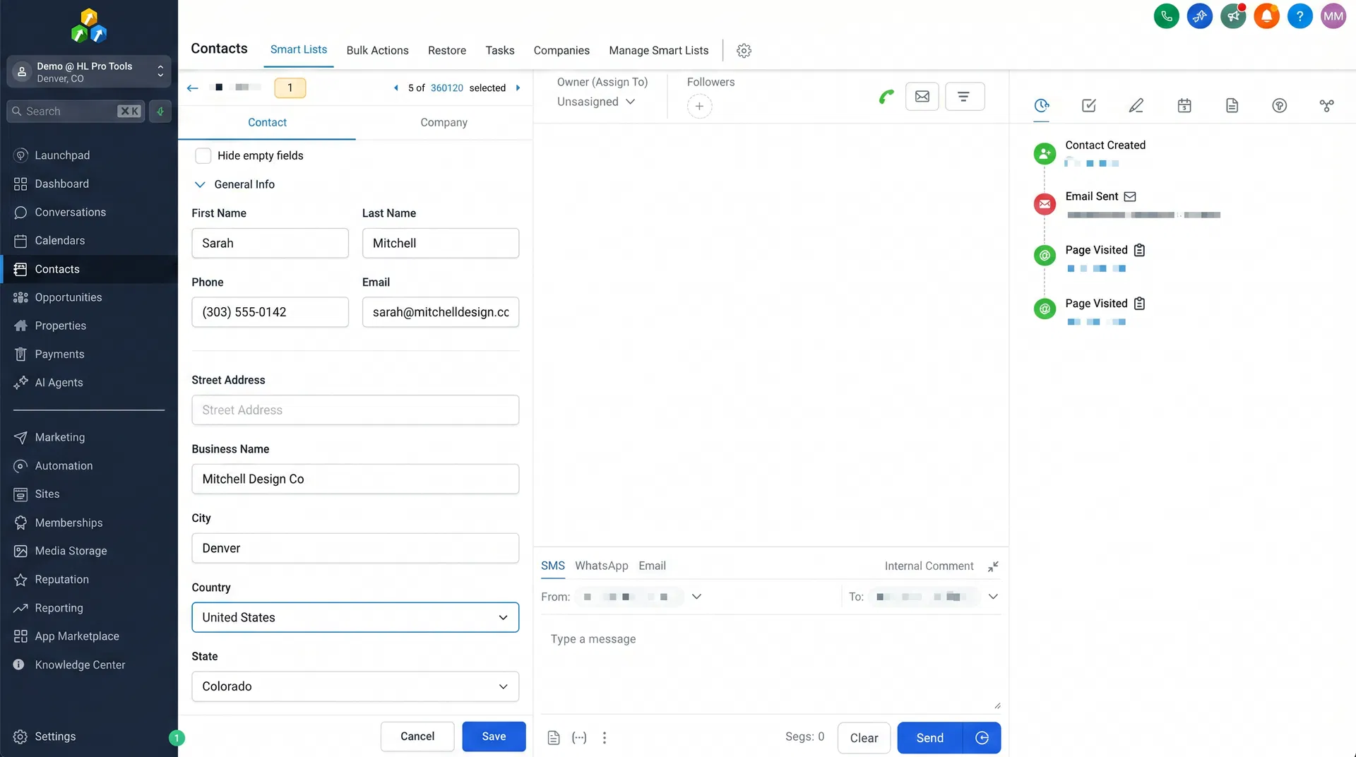 HighLevel contact detail view showing contact fields, conversation timeline, and activity log