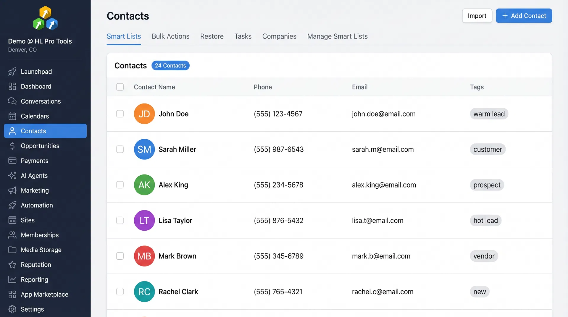 HighLevel Contacts page showing the contact list with Add Contact button