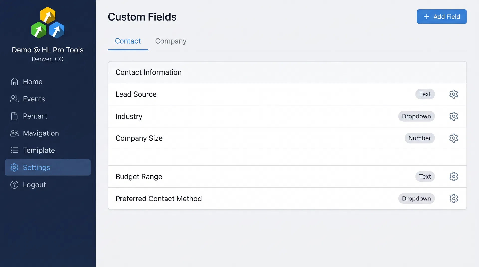 HighLevel Custom Fields settings page showing contact fields with type badges