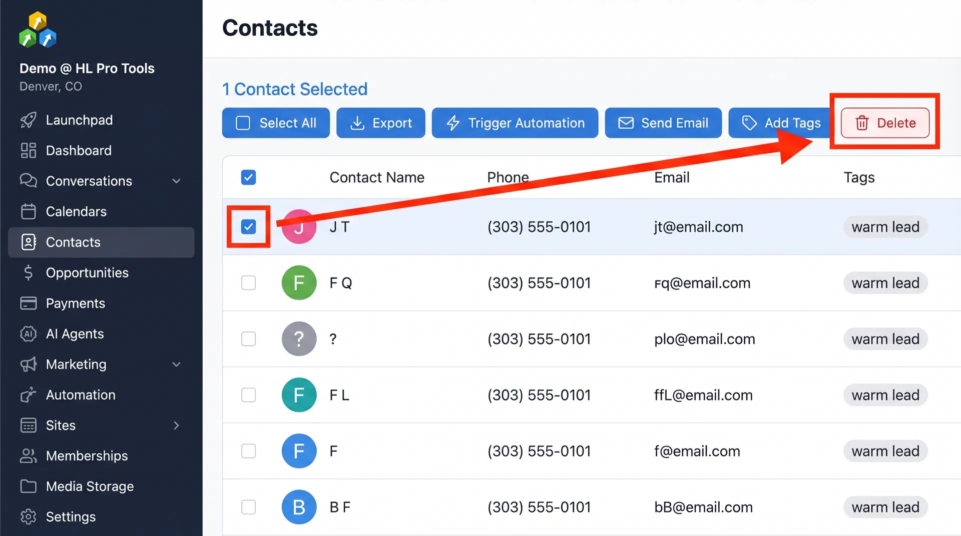HighLevel Contacts page showing a selected contact with the Delete button highlighted