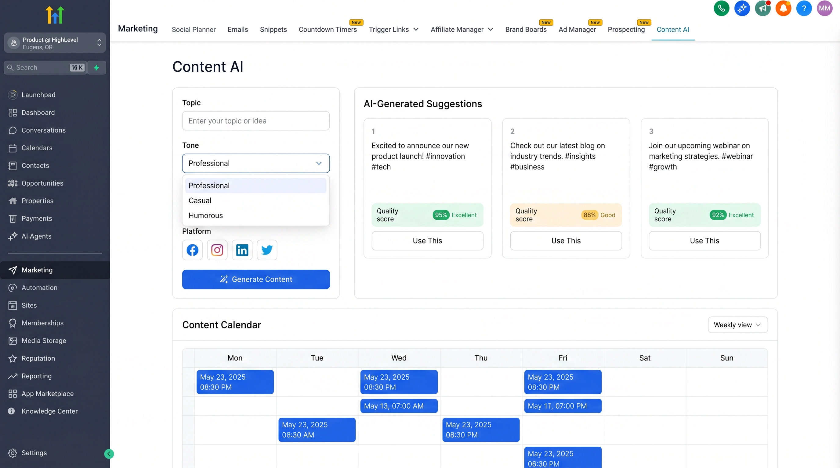 HighLevel Content AI interface showing topic input, tone selection, and AI-generated post suggestions