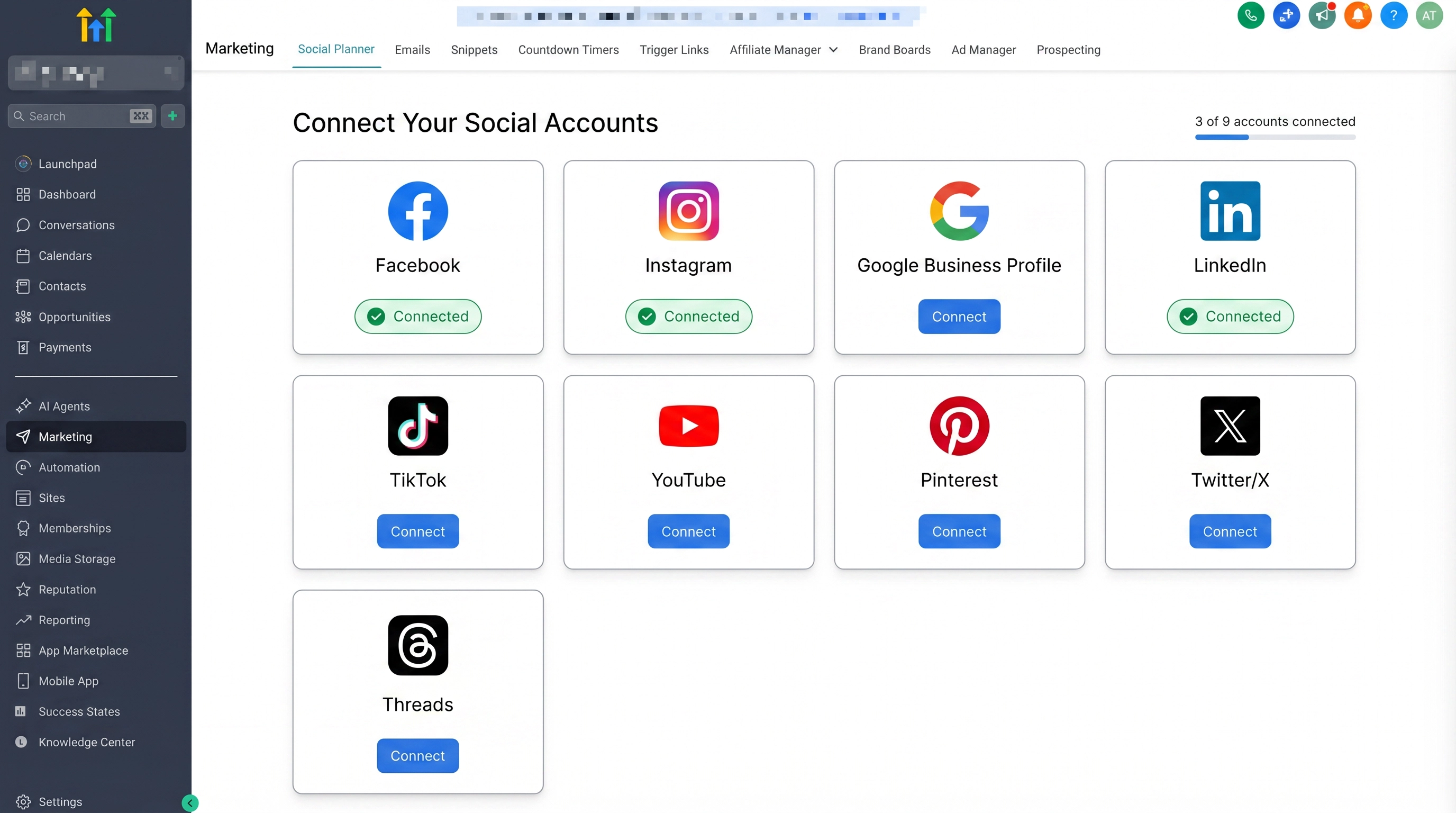 HighLevel Social Planner account connection interface showing Facebook, Instagram, LinkedIn, TikTok and more