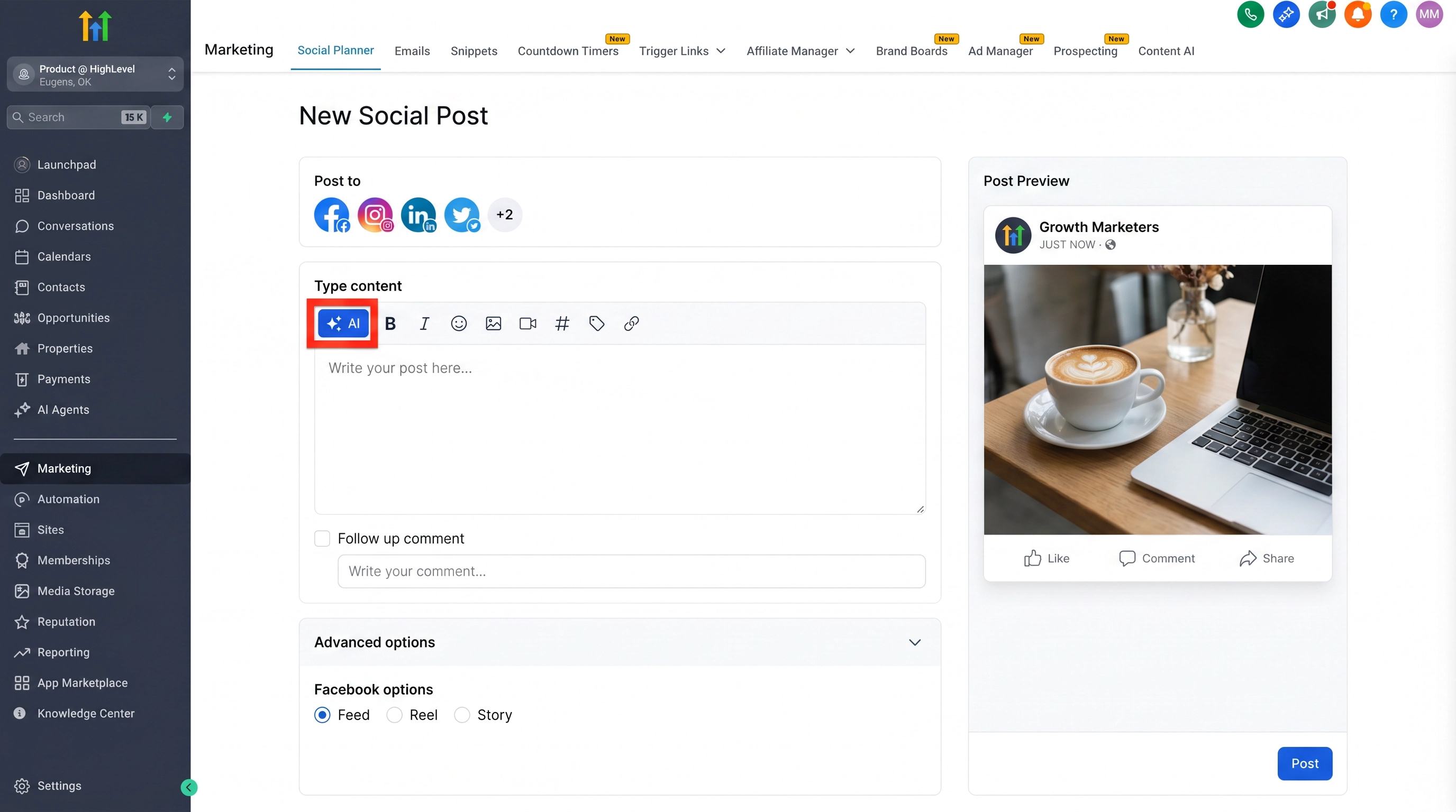 HighLevel Social Planner post composer with AI button, formatting toolbar, and Facebook post preview