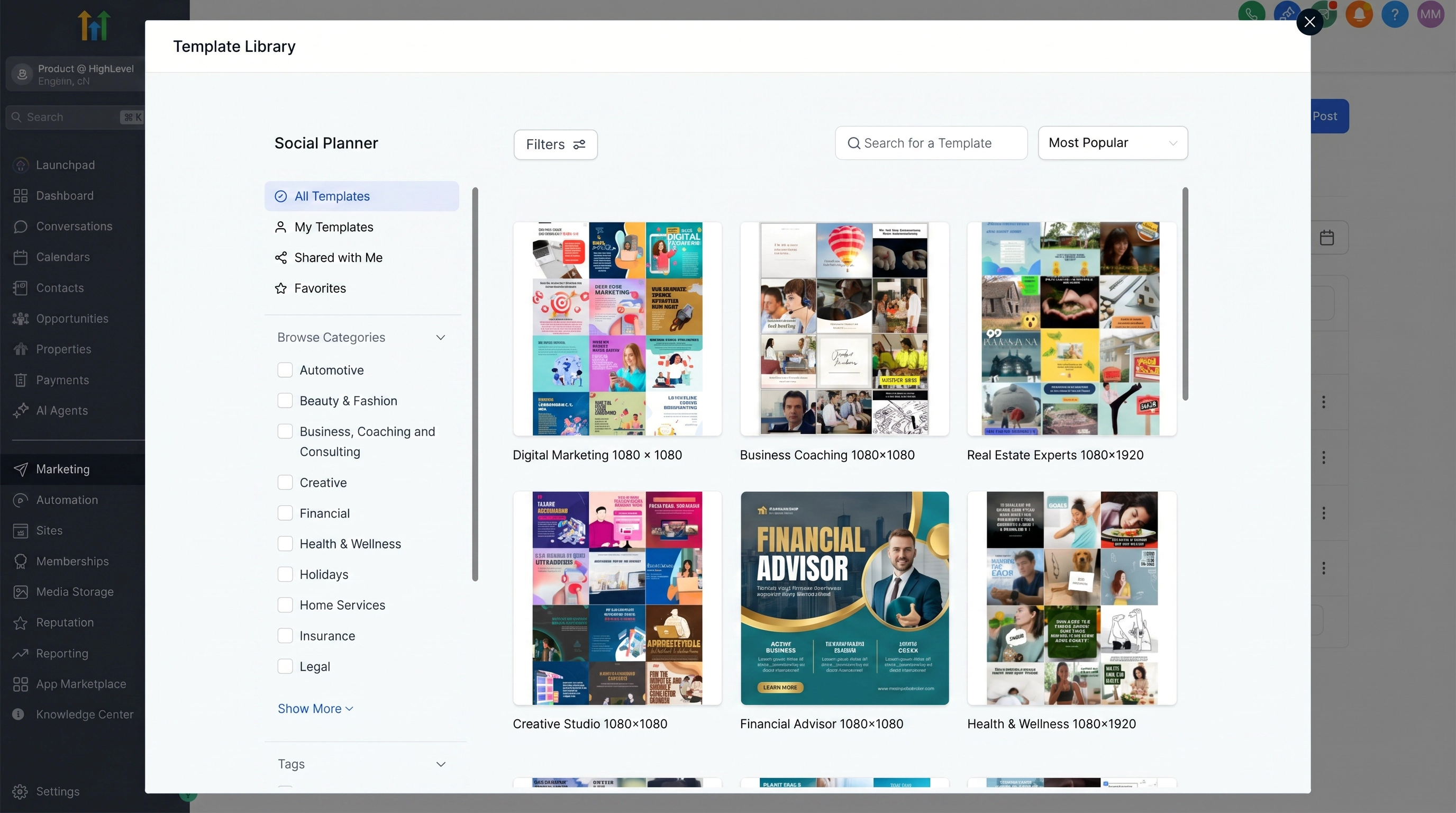HighLevel Social Planner Template Library with categorized social media post templates