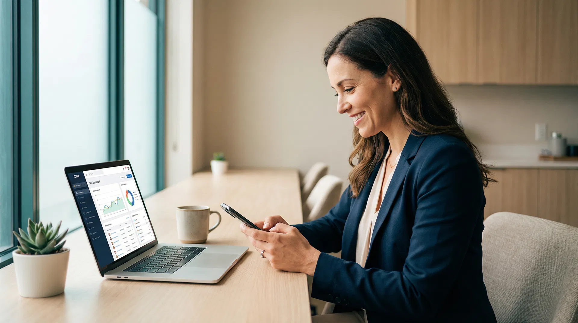 Professional realtor managing leads on phone and laptop at a modern desk