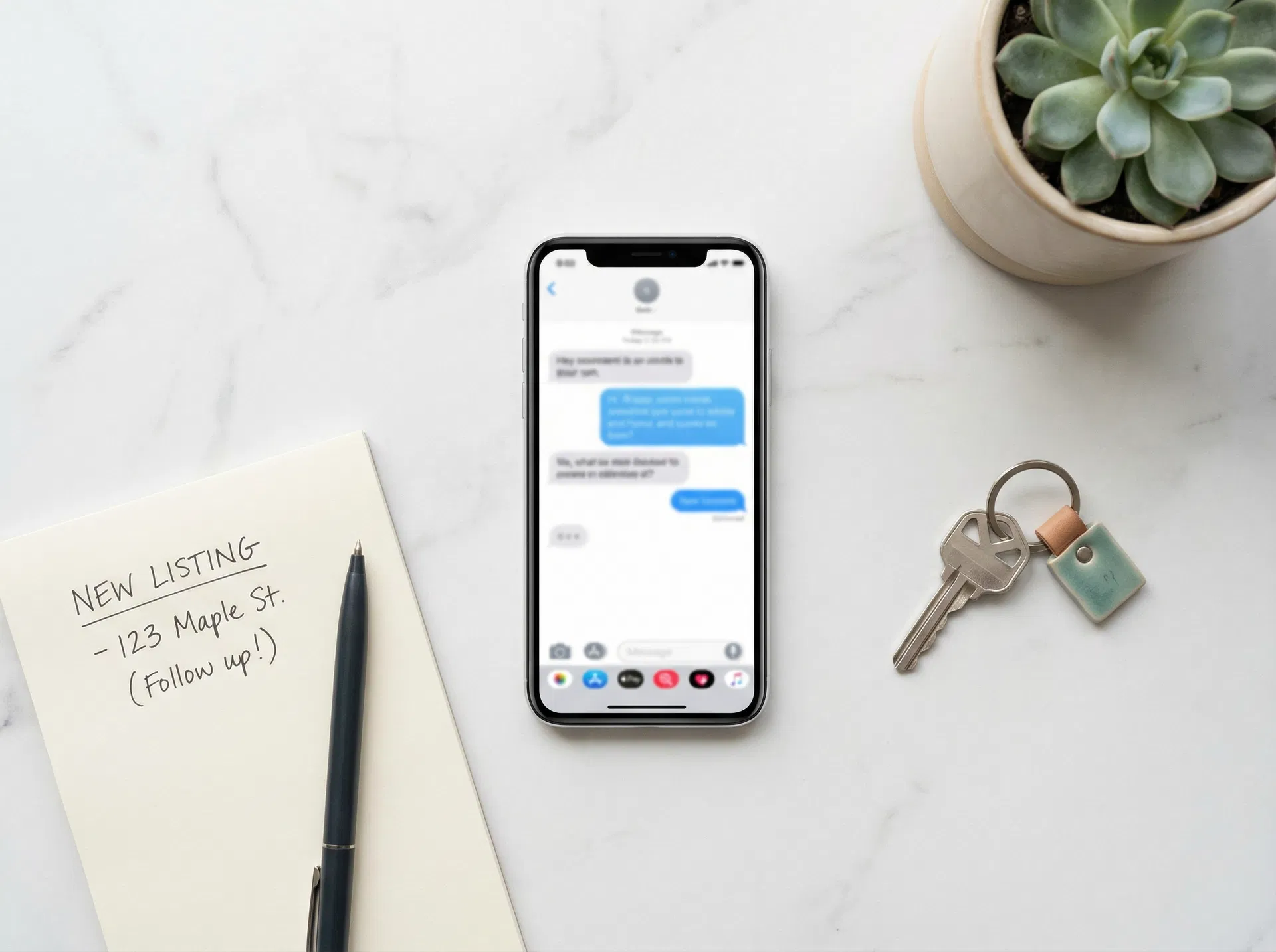 Smartphone showing text messages next to real estate notes and house keys