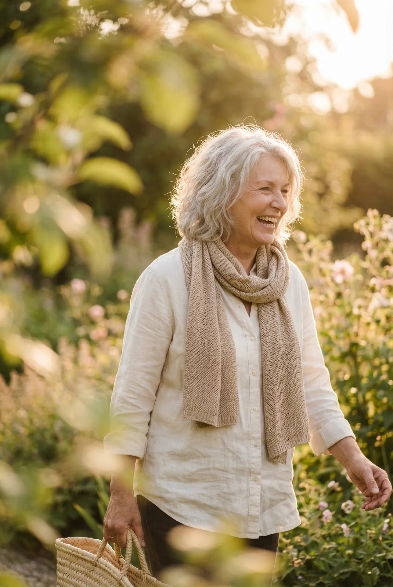 Vital woman in her 60s walking outdoors in golden light