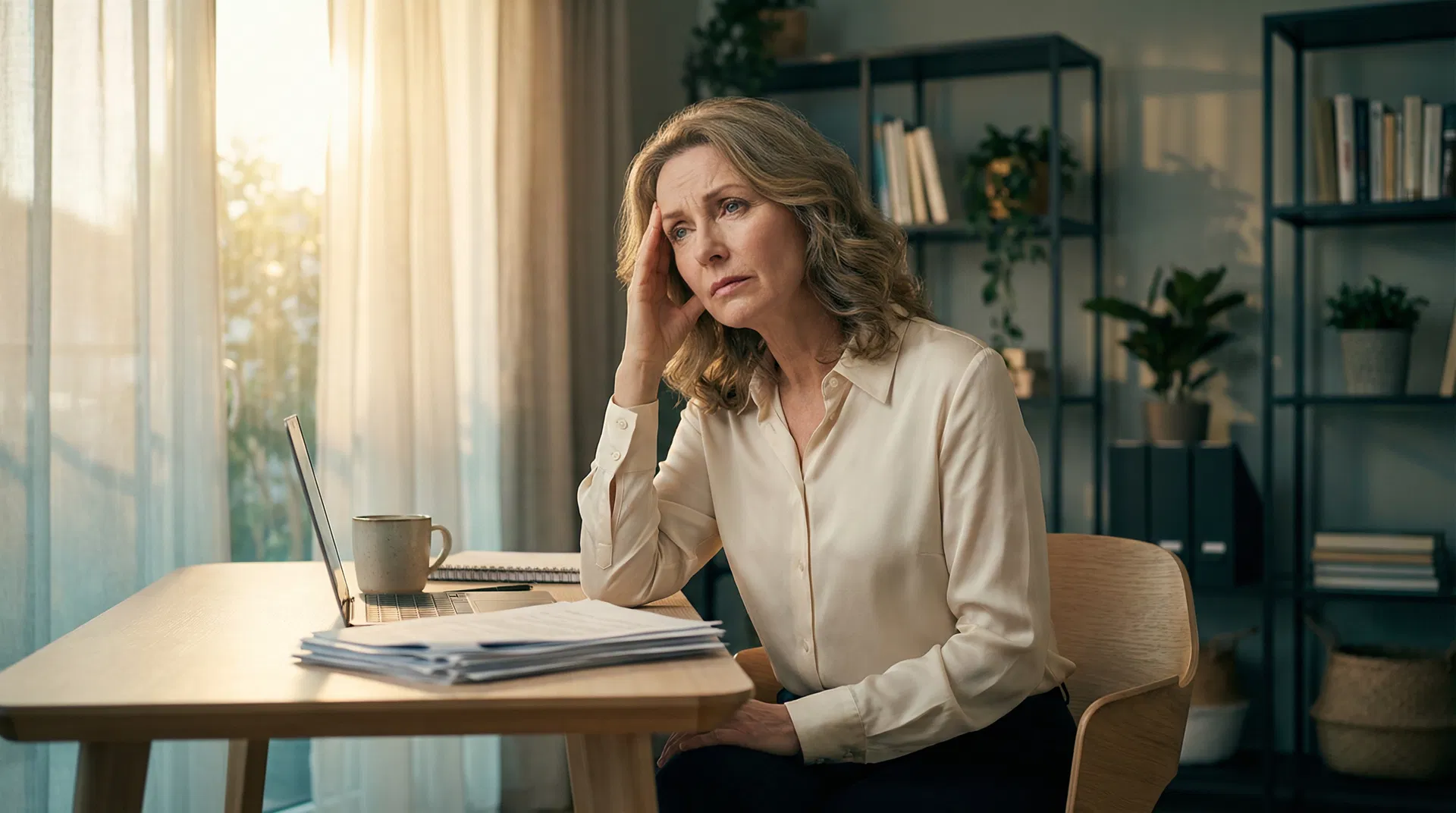 Professional woman experiencing brain fog at her desk, searching for answers