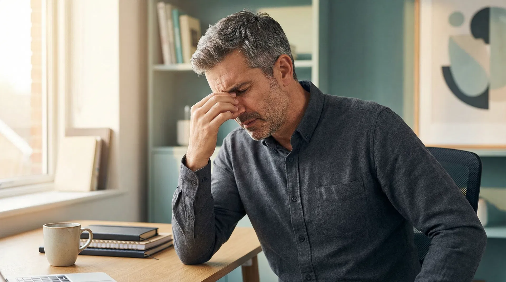 Professional man experiencing brain fog and cognitive difficulty at his desk