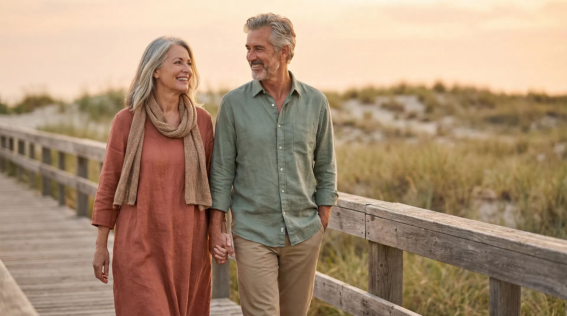 Vibrant couple in their 50s walking on a coastal boardwalk at golden hour