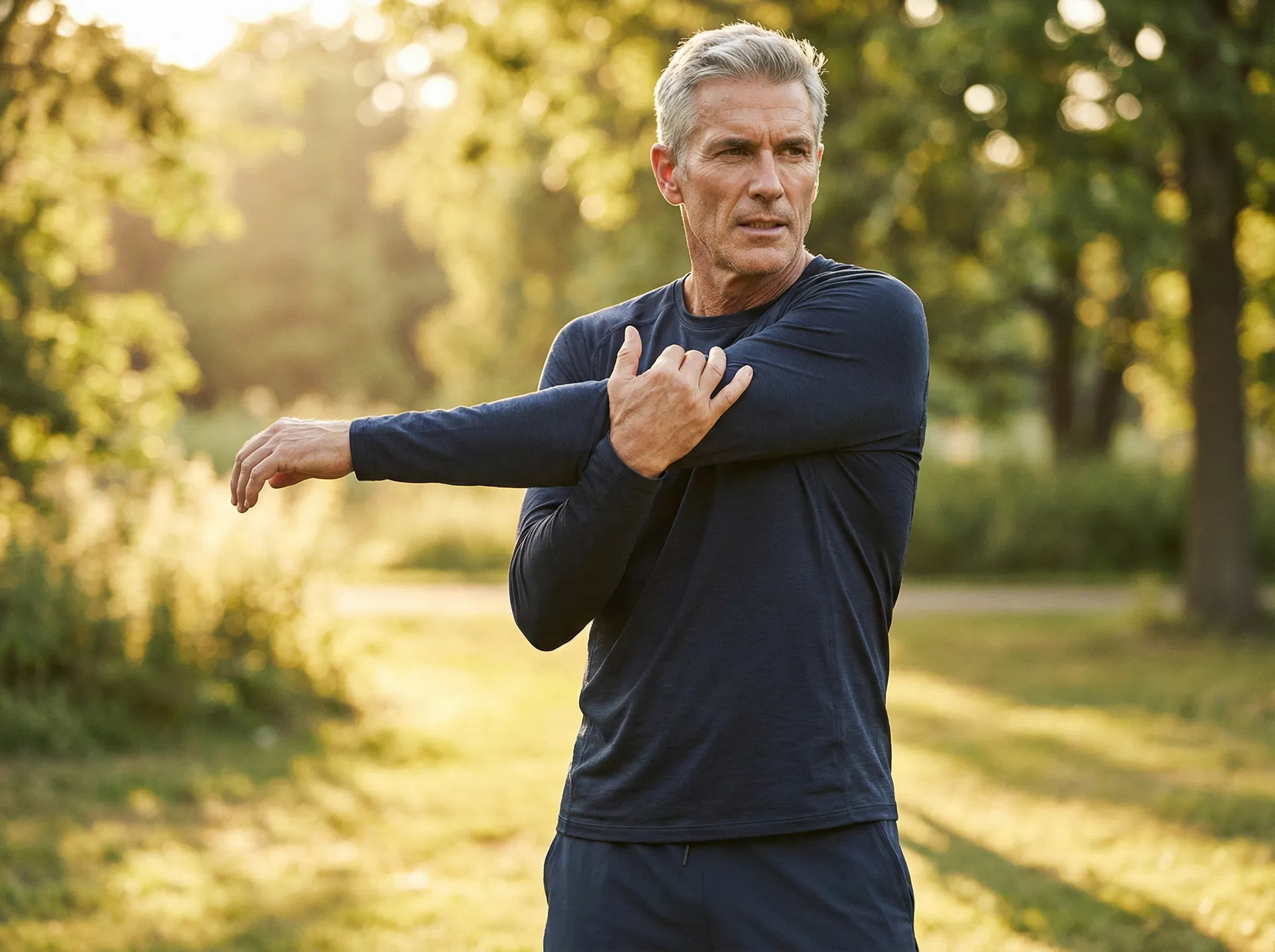 Active man in his late 50s stretching outdoors