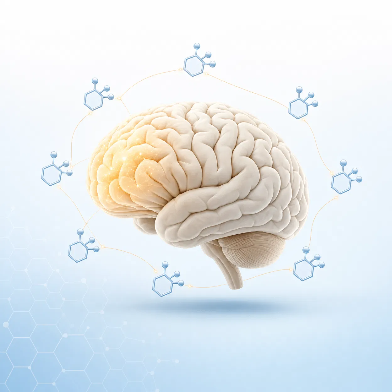 Illustration of a human brain surrounded by ATP molecules