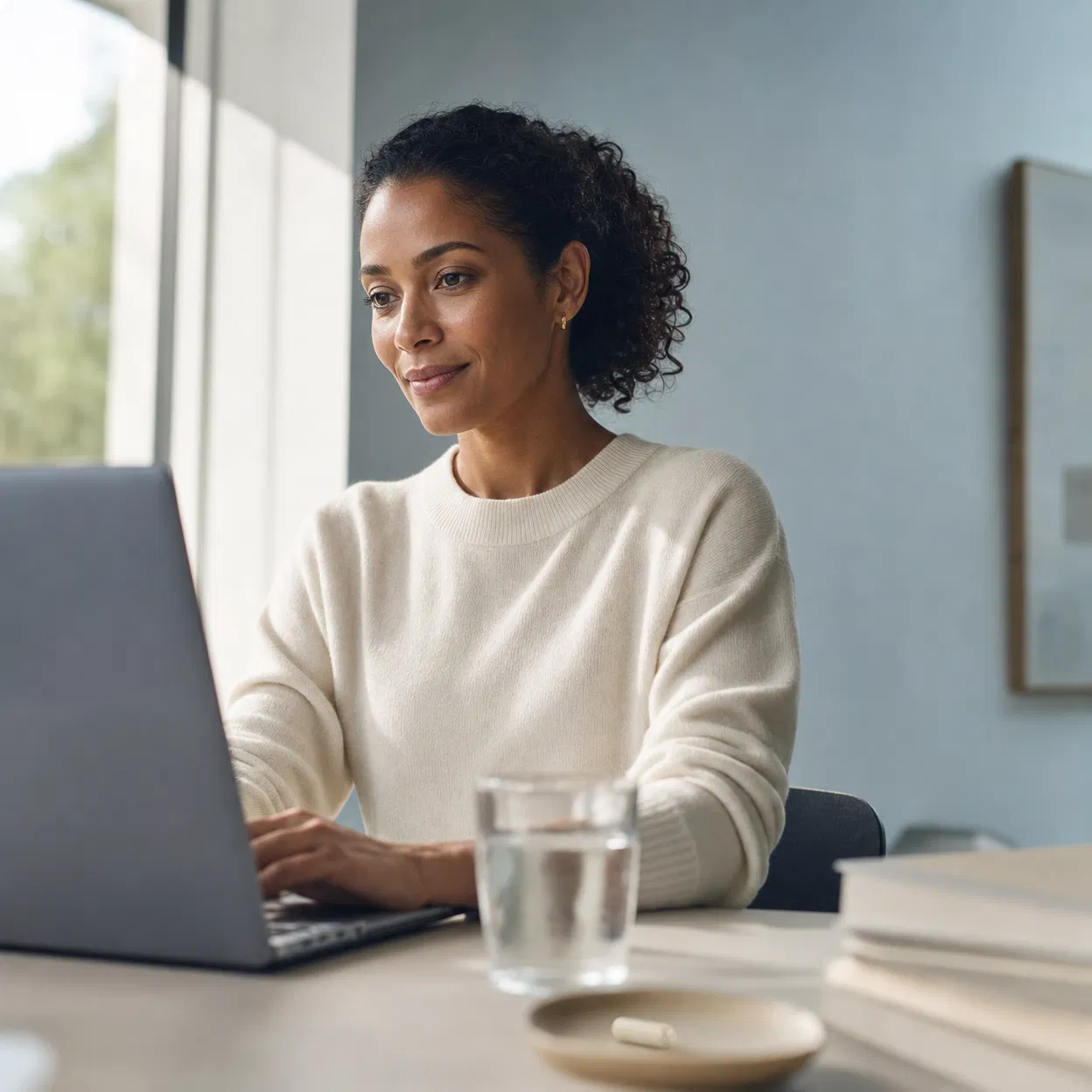 Woman working at her laptop with calm, focused expression